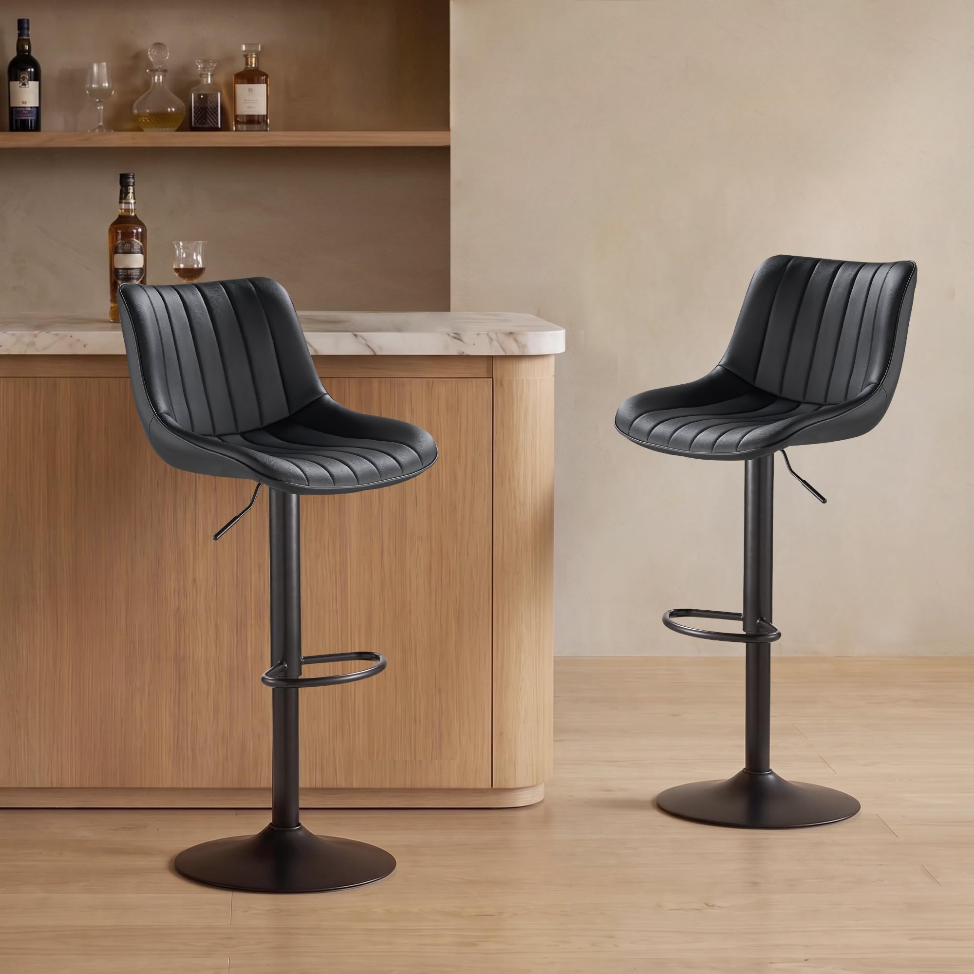 Nestvala Bar Stools Set of 2,Swivel Kitchen Stools with Adjustable Height PU Leather Seat, Backrest and Footrest, Modern Armless Counter Height Bar Stool Chairs for Kitchen Island, Black
