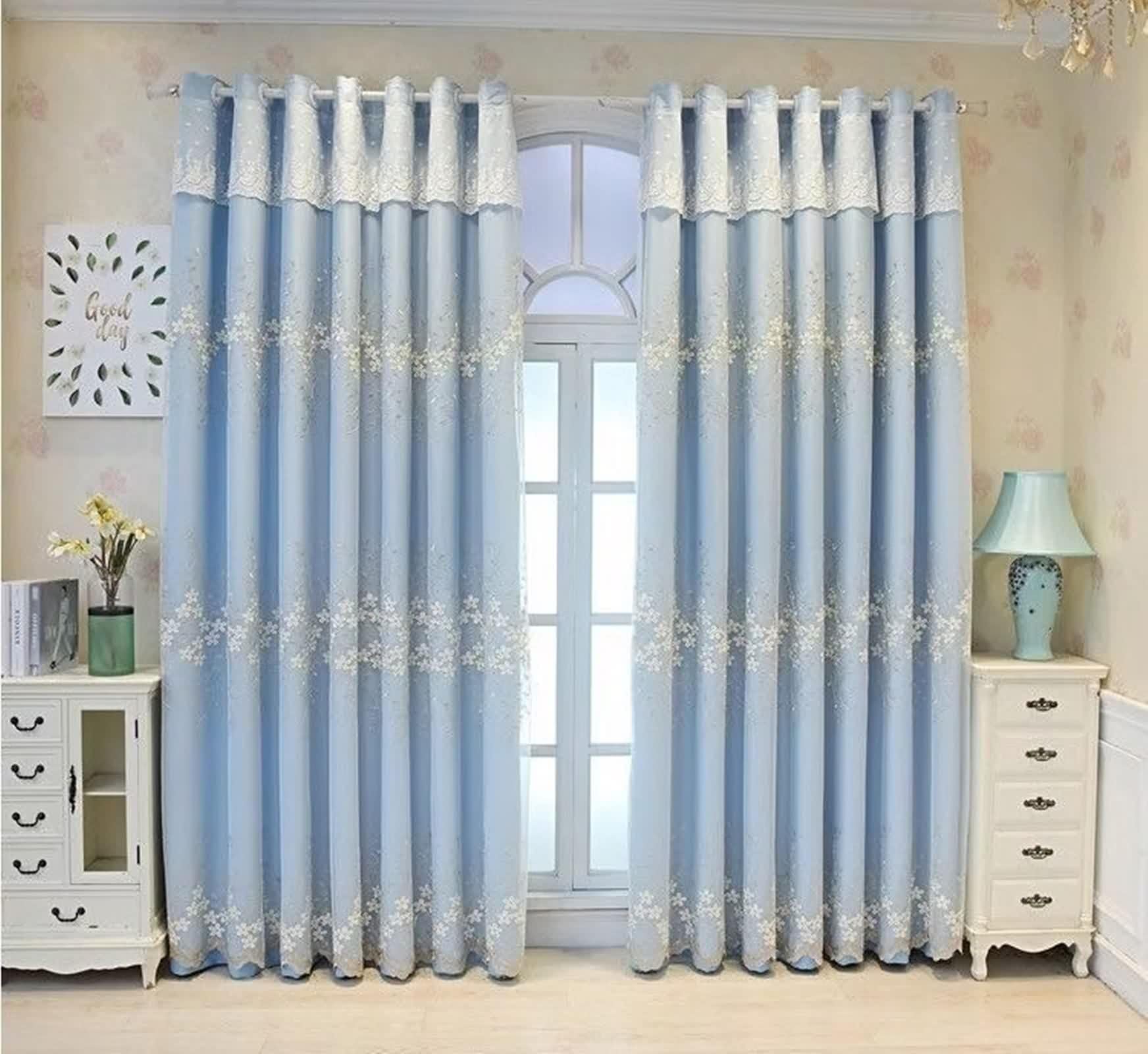 Rideaux Salon Bleu, Occultant Rideau Chambre Fenetre Lot de 2 Tissu Broderie en Dentelle Double Couche LxH 132x229cm