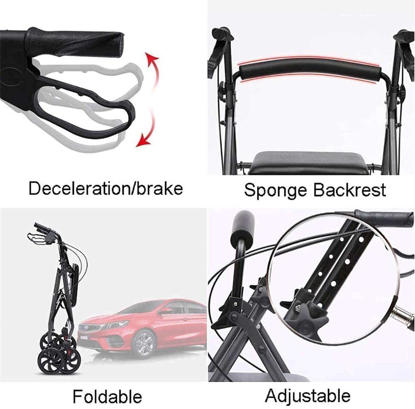 Rollator, vierrädriges Hilfsmittel aus Aluminium mit gepolstertem Sitz, Einkaufskorb, feststellbare Bremsen, ergonomische Griffe, leichte Faltrolle, Sehnsucht nach