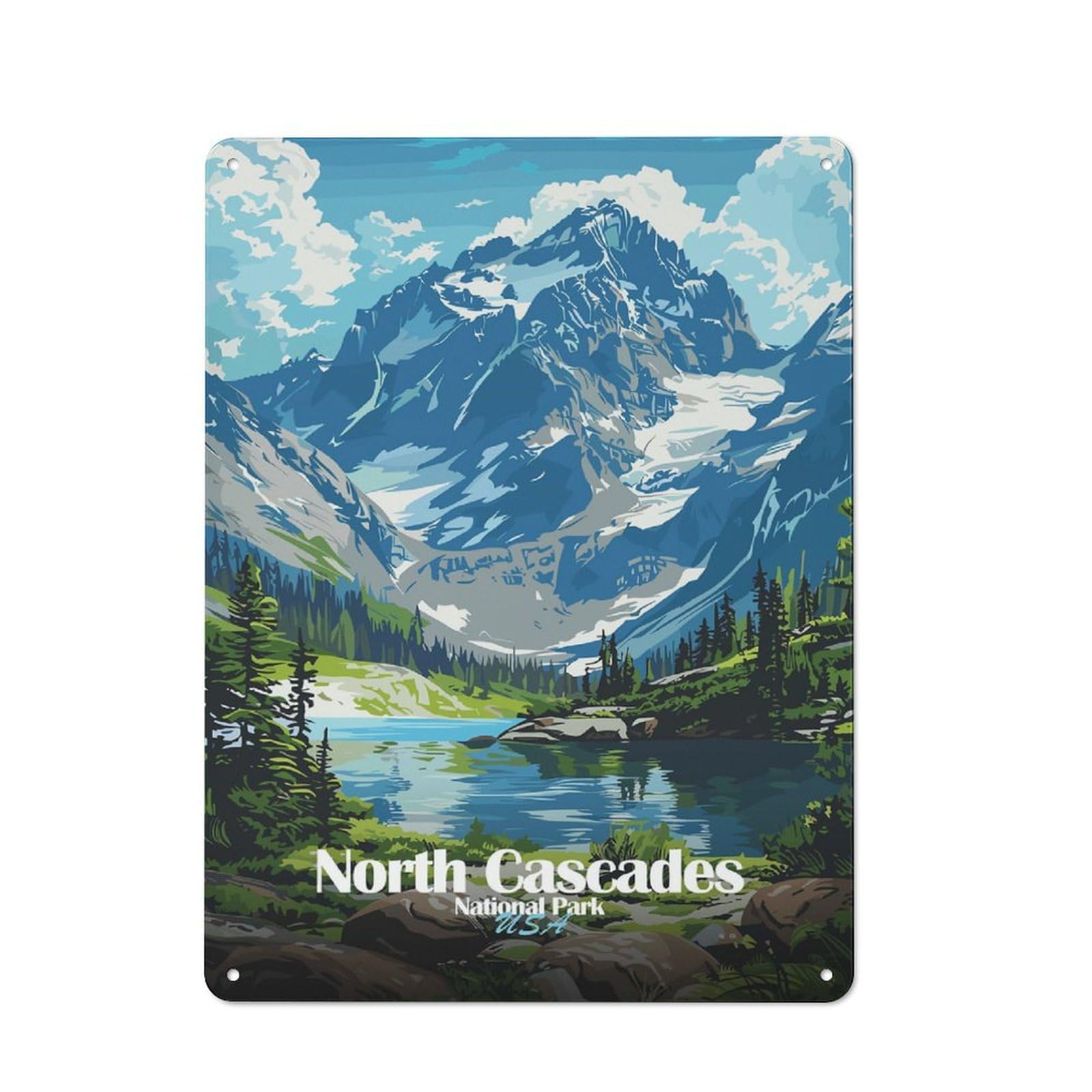 Junmoney Style-21 North Cascades National Park Illustration Decorative Metal Plaque 40X30cm, Shop Front Style Bistro Wall Plaque For Tea Room, Shop Wall Or Breakfast Area