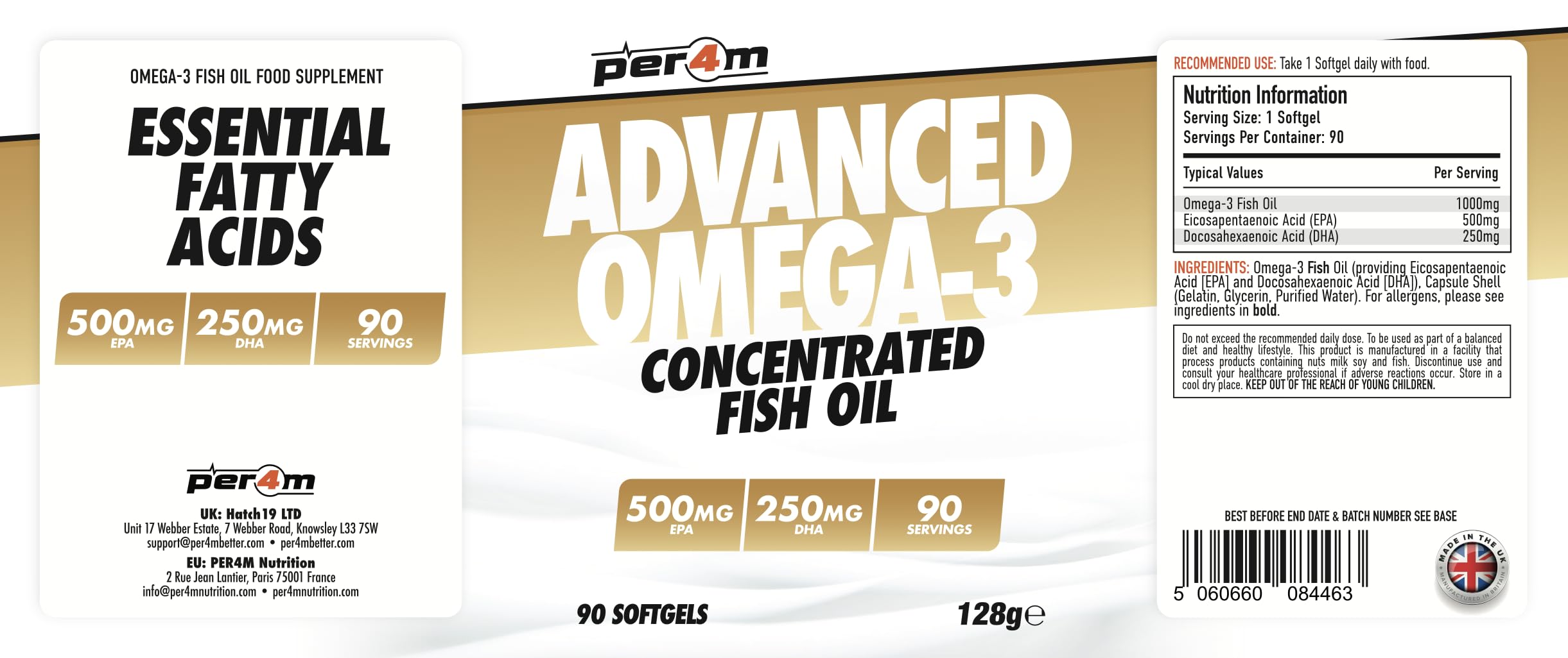 Per4m Advanced Omega-3, Kwasy Tłuszczowe EPA i DHA z Oleju Rybiego, Zdrowie Serca i Mózgu, Redukcja Stanów Zapalnych, Zdrowie Stawów i Skóry dla Aktywnych, Suplementacja – Kapsułki Softgel – 90 szt.