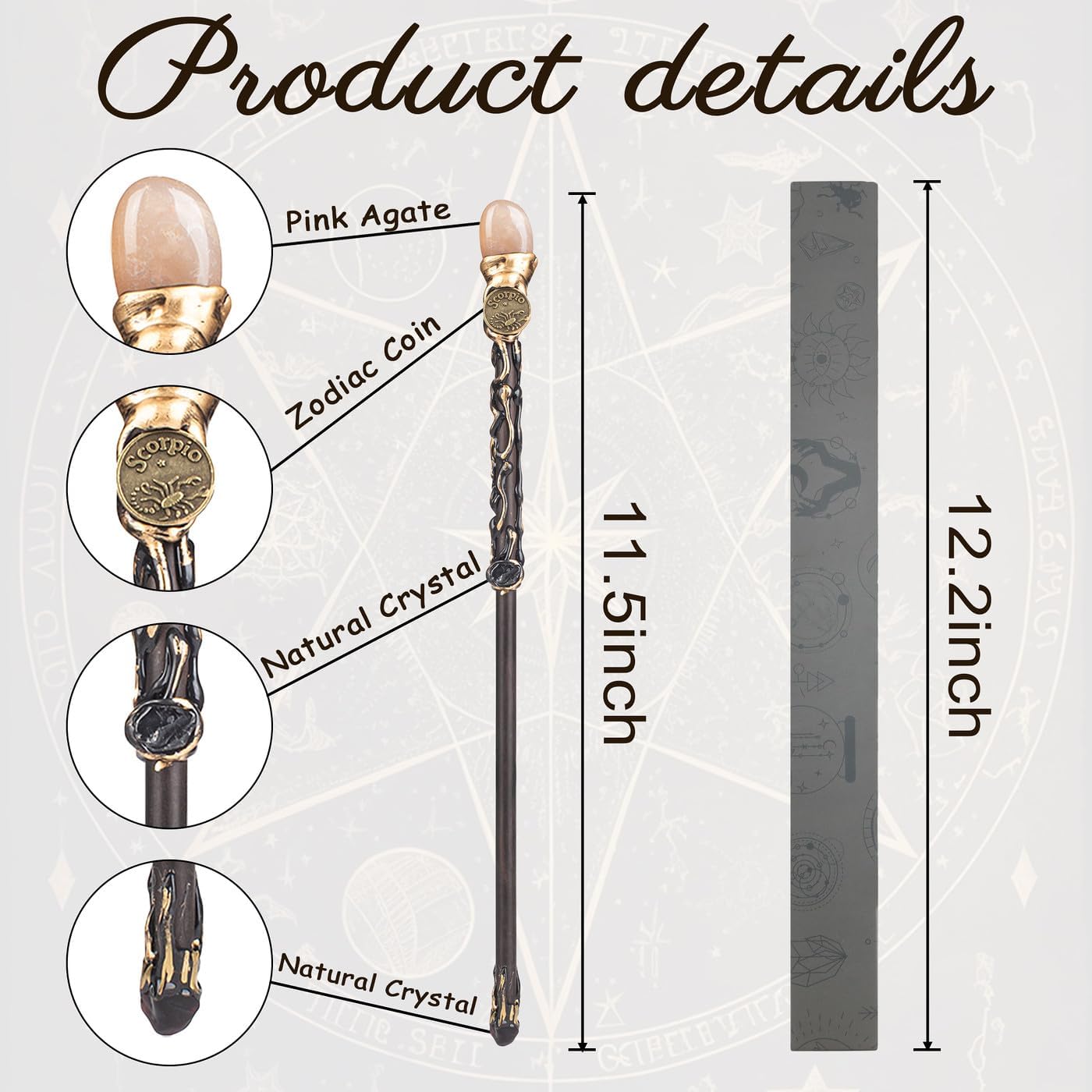 DUQGUHO Scorpio Wand Pink Agate Crystal Magic Crystal Wand Scorpio Gifts Handcrafted Witch Fairy Wizard Zodiac Wand Sorcerer Cosplay Accessories Party Stage Costume Wands