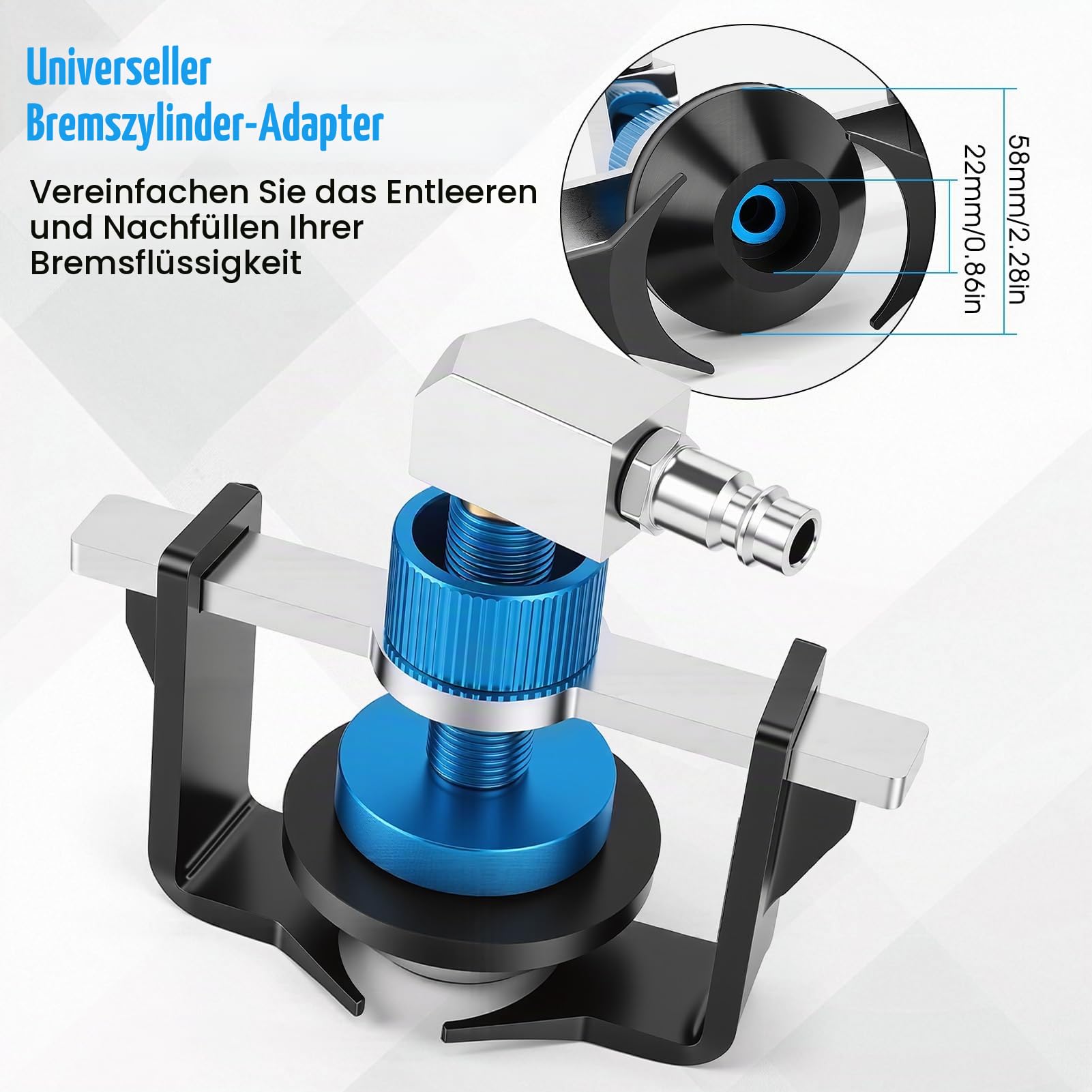 Universeller Bremsenentlüftungsgerät Adapter, 22-58mm Verstellbarer Bremsflüssigkeitsbehälter Adapter mit 4 Schnellkupplungen, Dichtungsring Anti-Leckage, für Meisten Fahrzeuge