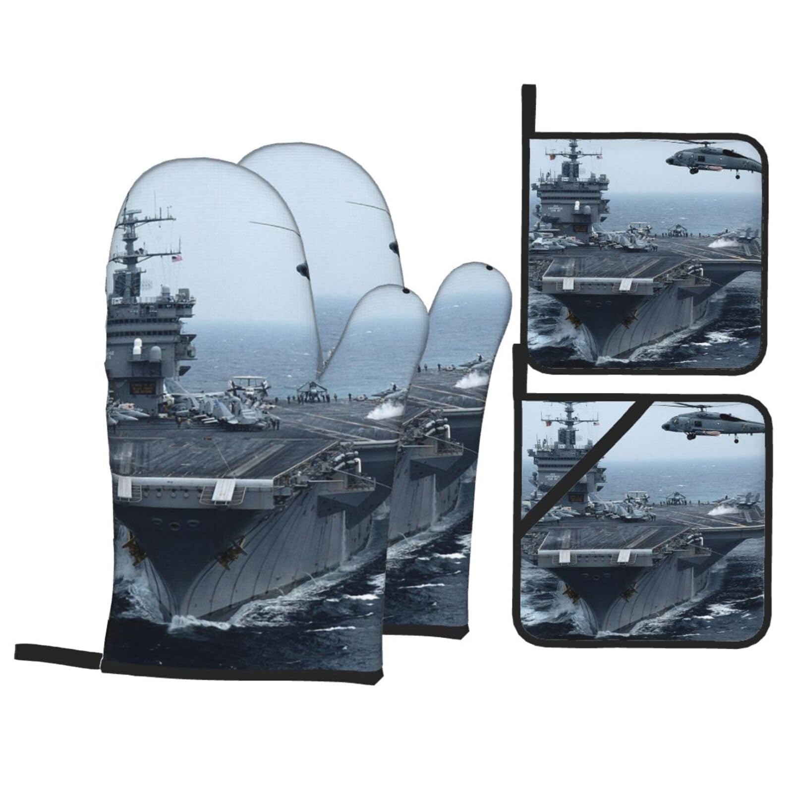 Aircraft Carrier Print Stylish Heat-Resistant Oven 4-Piece Set Kitchen Gloves Roasting Daily Cooking