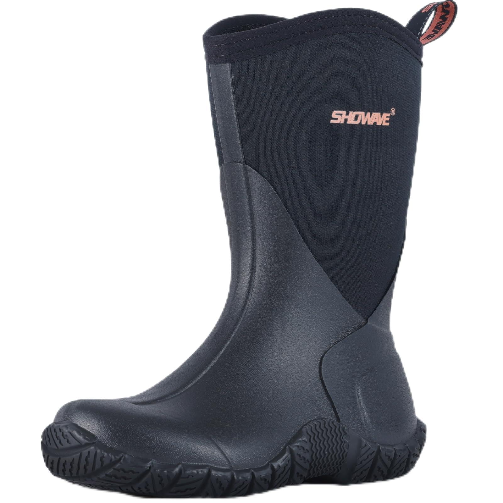 ShowaveKid's Rain Boots for Boys Girls Waterproof Insulated Rubber Neoprene Boots Durable Mud Boots All Seasons Mid Calf Child Rainboots