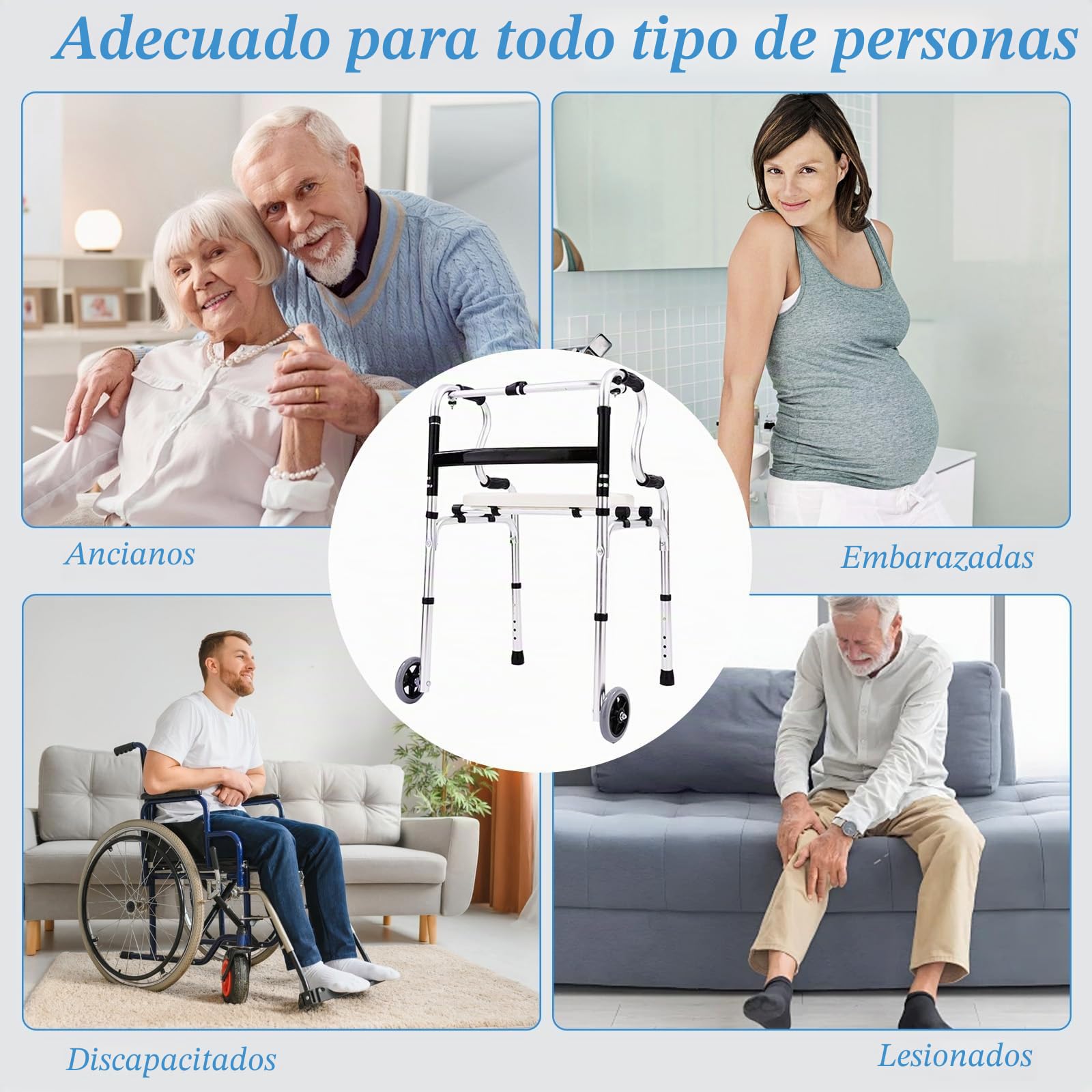 Andador para personas mayores, andador de aluminio regulable en altura con 2 ruedas giratorias, andadores plegables portátiles, andador con 6 posiciones de altura y asiento desmontable, hasta 150 kg