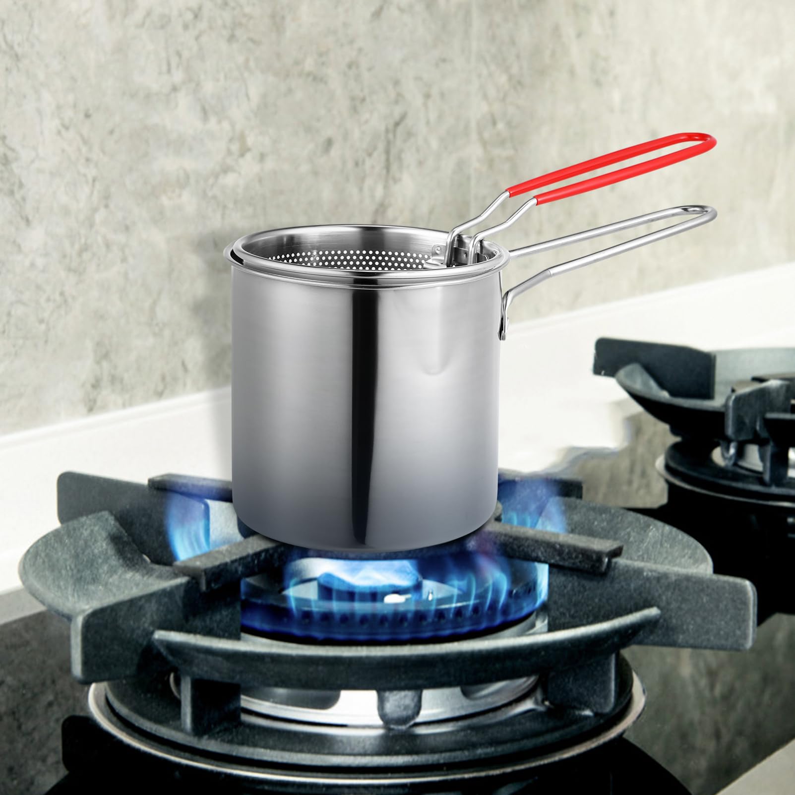 STOBAZA 1Set Stainless Steel Fryer Kit with Heat Resistant Handle Deep Frying Pot Basket for Home Restaurant Cooking Separation Compact Design