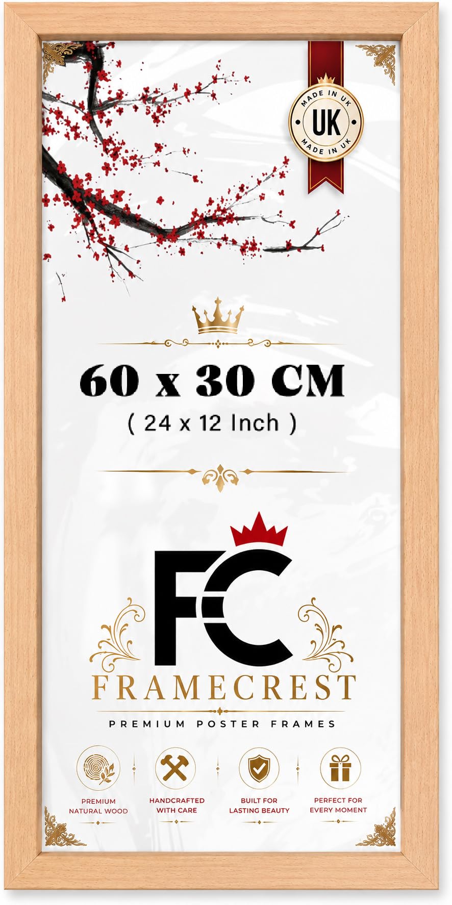 FRAMECREST LTD 30 X 60 CM Poster Frame, Wall Mounted Poster For Portrait Or Landscape, Minimalist Picture Frame With Engineered Wood Border And Hanging Hooks, Office Or Living Space - [Beech]