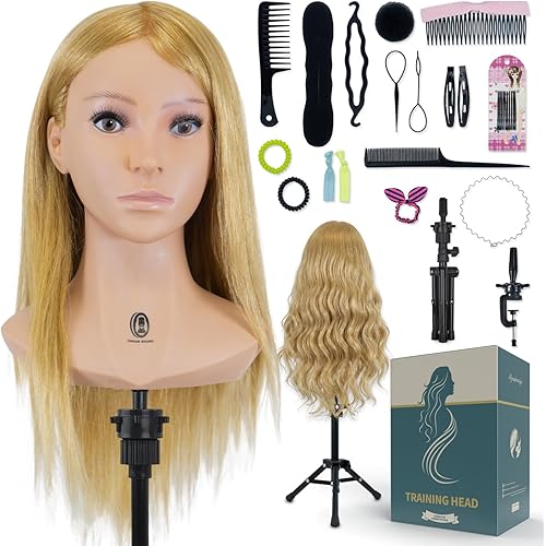 Mannequin Head Female 100% Human Hair Traininghead Hair 18-19" Cosmetology Manikin Head Doll Head for Hairdresser with Free Adjustable Tripod Stand & Desk Clamp (Gold)