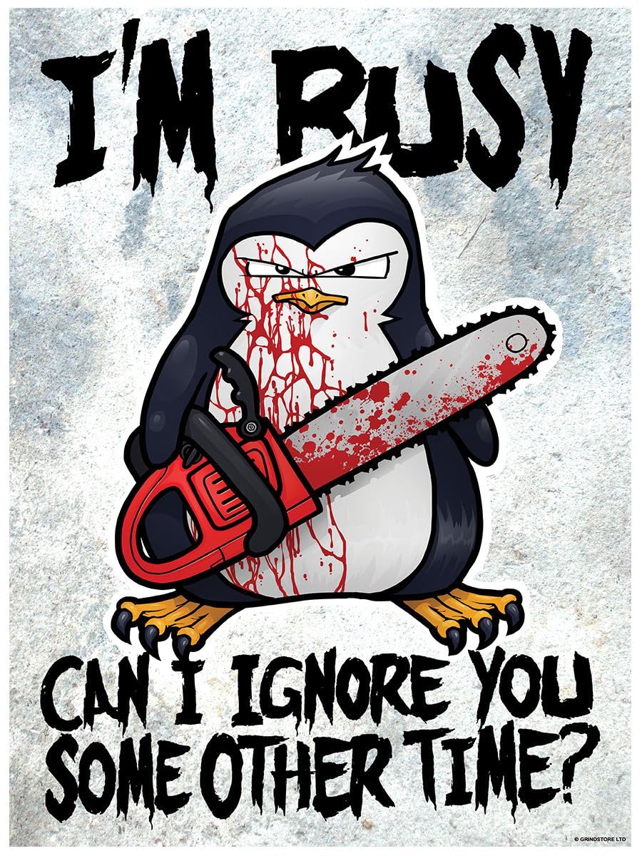 Grindstore Multicolour Psycho Penguin Laminated I'm Busy Mini Poster Wall Art Print, Room Decor, Bedroom Home Office Decoration, Gift Idea, Novelty Wall Decor, Compact Art Print