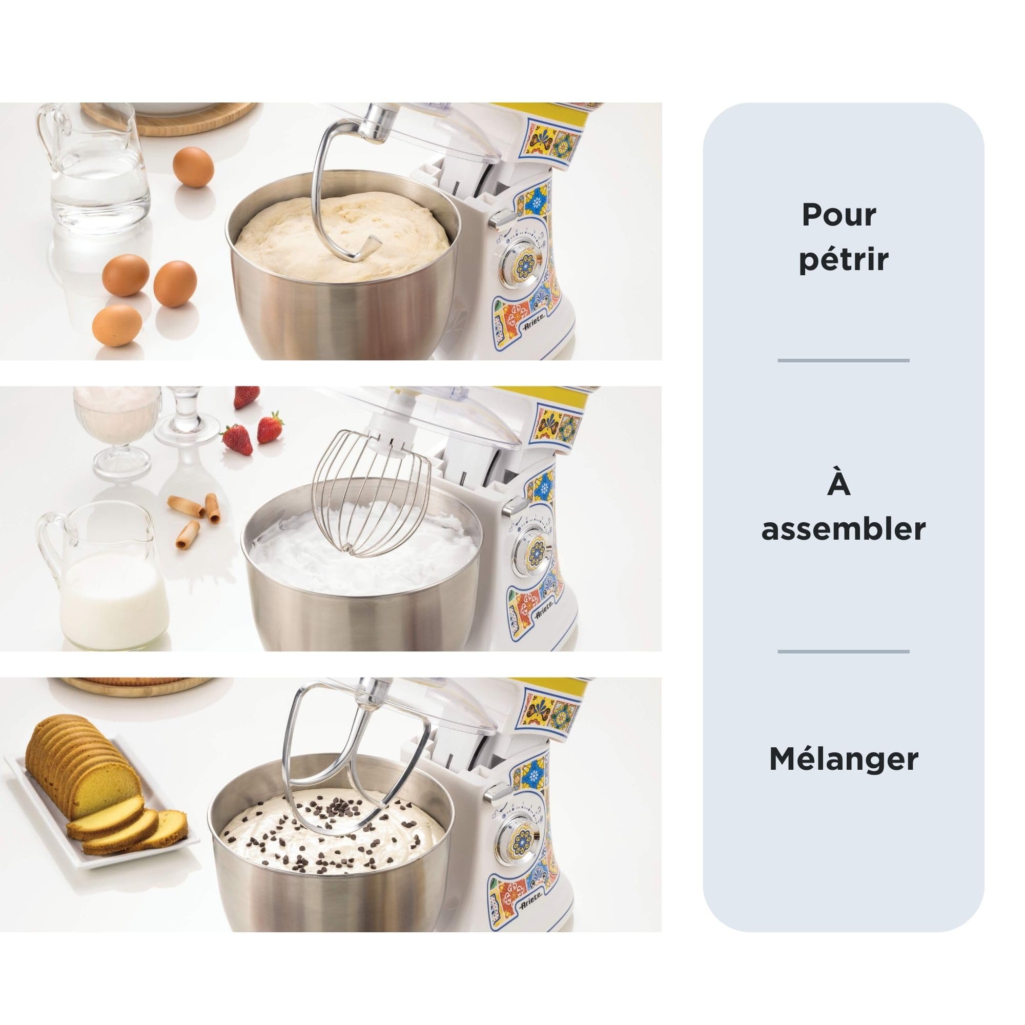 Ariete 1588 Robot Patissier Positano, 7 Vitesses, 3 Fouets pour les Pétrissages Doux et Durs, Couvercle Anti-Éclaboussures, Bol en Acier Inoxydable de 5,5 Litres, Design Méditerranéen, 2400 Watts