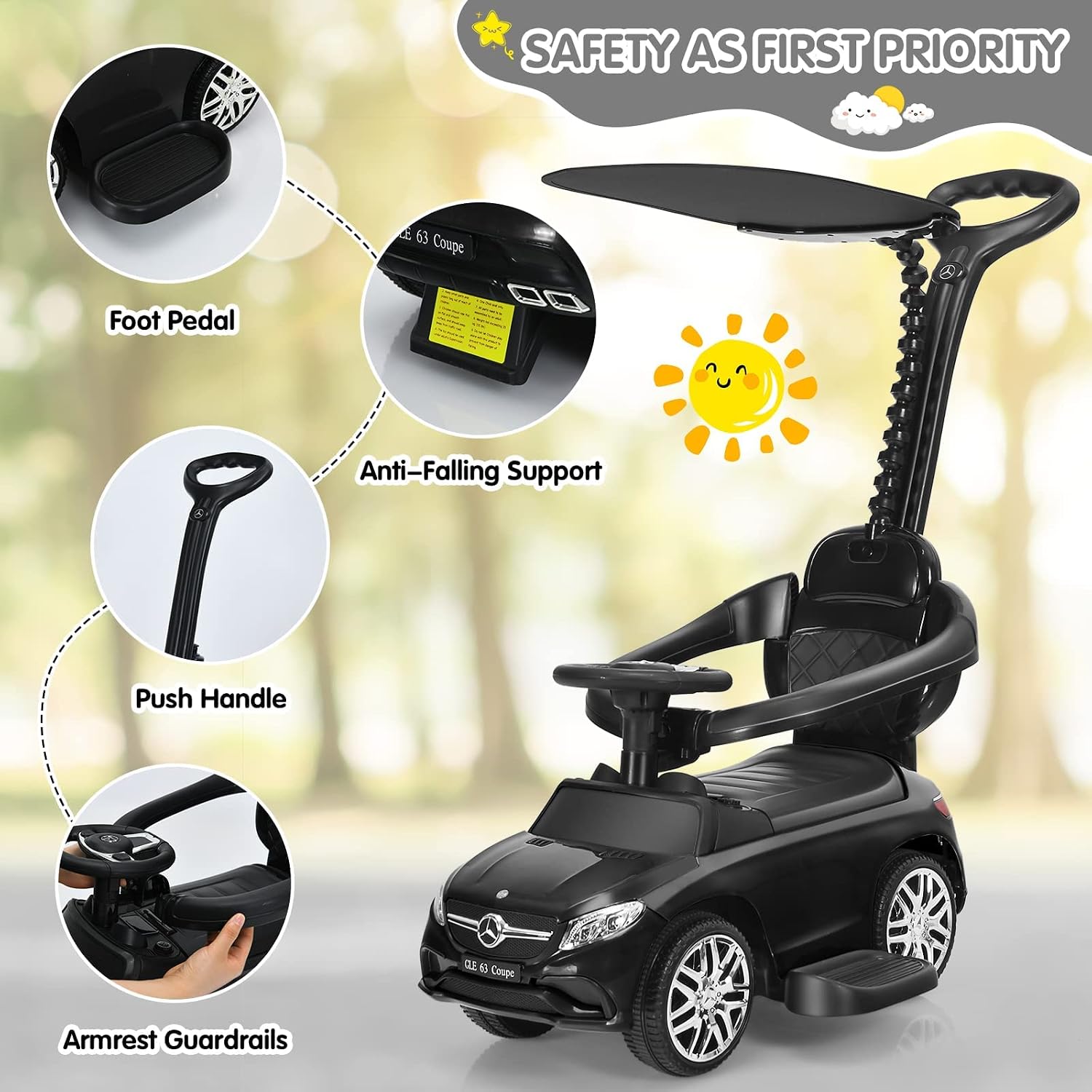 INFANS 4 in 1 Licensed Mercedes Benz Ride on Push Car, Kids Toy Stroller for Toddlers with Push Handle, Baby Foot-to-Floor Sliding Walker with Removable Canopy, Music, Horn, Under Seat Storage (Coal)