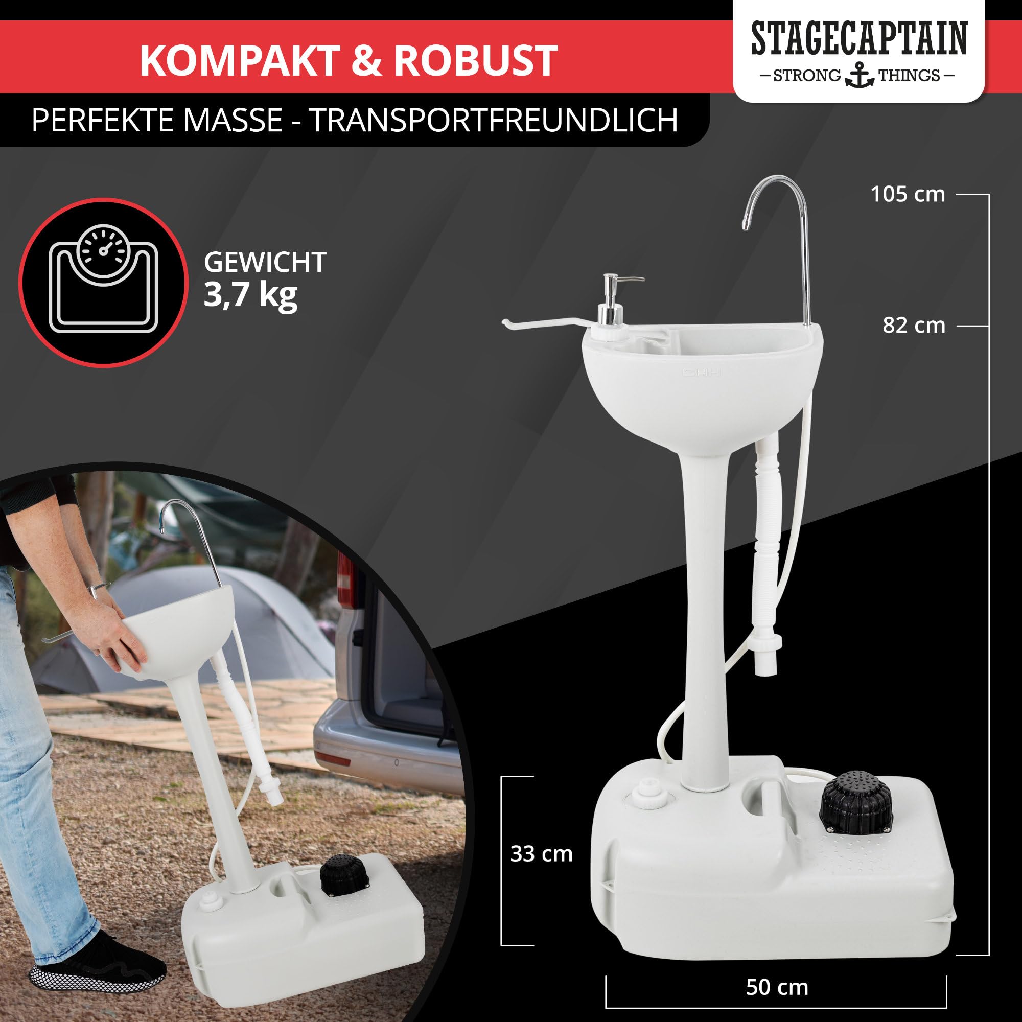 Stagecaptain PSW-17 Quixie Przenośna umywalka kempingowa Zestaw Deluxe - Mobilna umywalka do mycia na świeżym powietrzu Zbiornik Pompa mechaniczna - Zlew z kołami i zbiornikiem na wodę