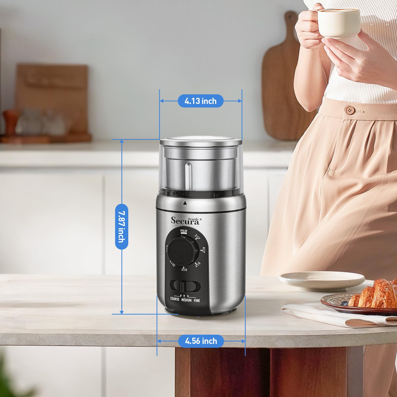 Secura Brands Electric Coffee Grinder for Coffee Beans, Spices, Herbs Adjustable Coarse to Fine Setting for 12 Cup Capacity with 1 Removable Stainless Steel Bowl, Ideal for Home Use, RV — view 8