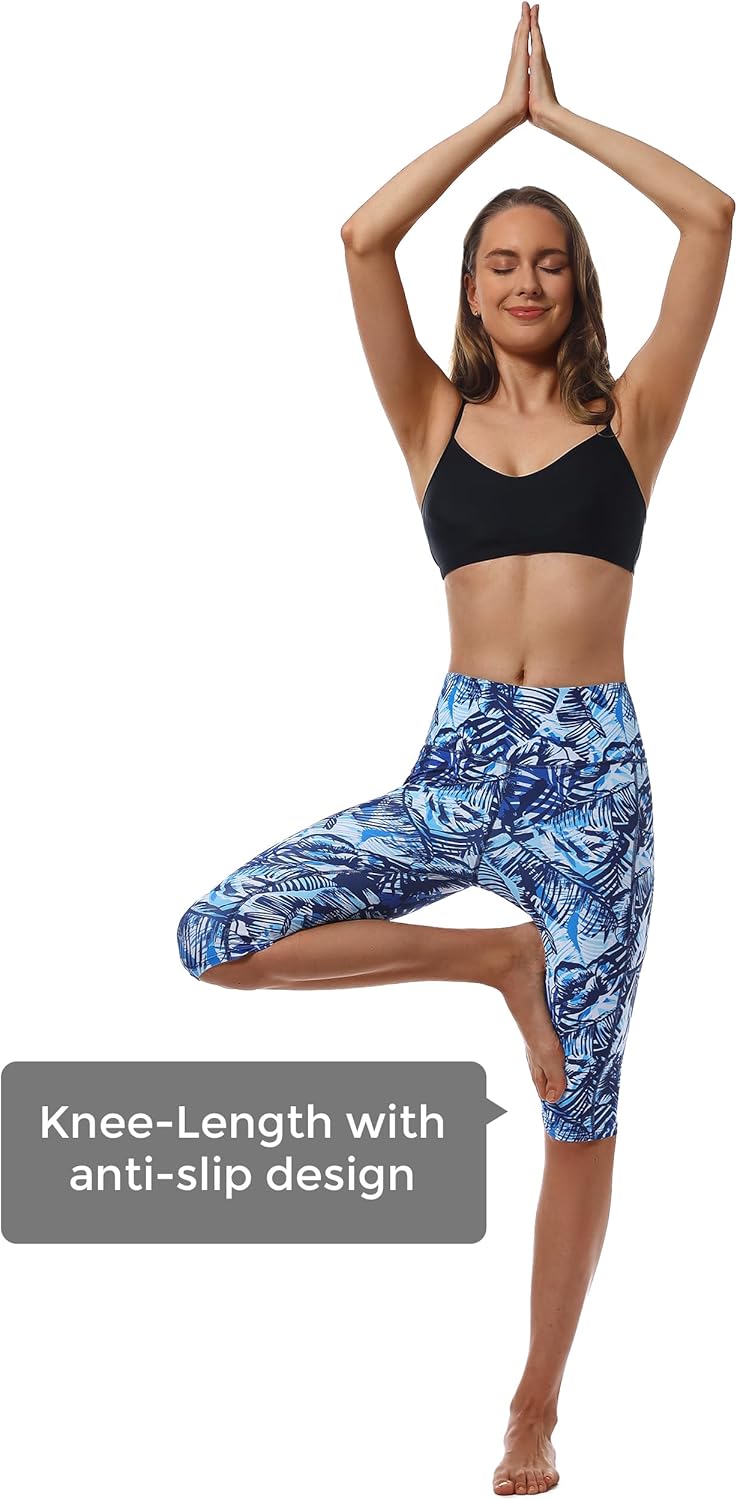 Womens UPF50+ Swim Capris High Waisted Swim Pants Tummy Control Knee Length Long Swim Shorts with Pockets Quick Dry