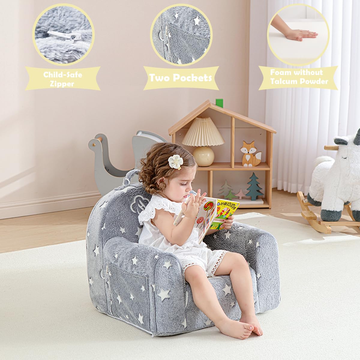 Kisdsa Toddler Chair Comfy,Toddler Couch Fold Out, 2-in-1 Kids Chair,Flip Out Kids Couch,Toddler Sofa Convertible,Children Reading Chair for Age 1-3(Grey Star)