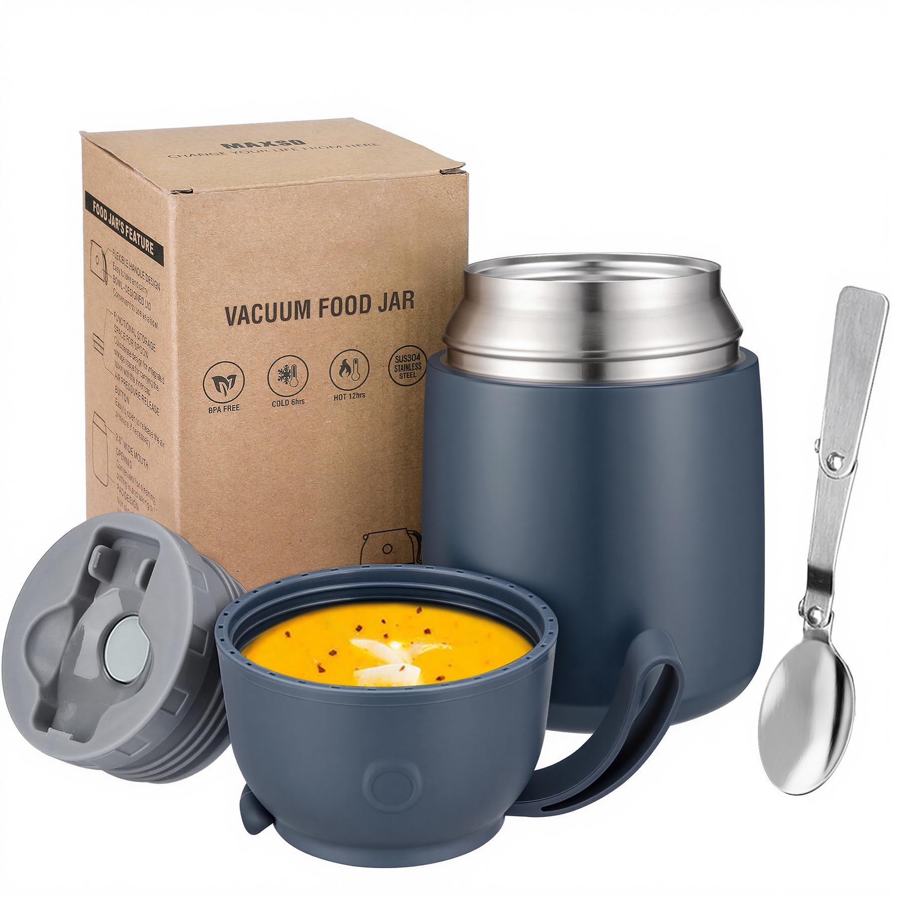 Itslife Insulated Thermo Food Jar for Hot & Cold Food for Adult, 17 oz Soup Thermal Hot Food Containers for Lunch, Triple Layer Insulation Stainless Steel Food Jar with Spoon Gray3