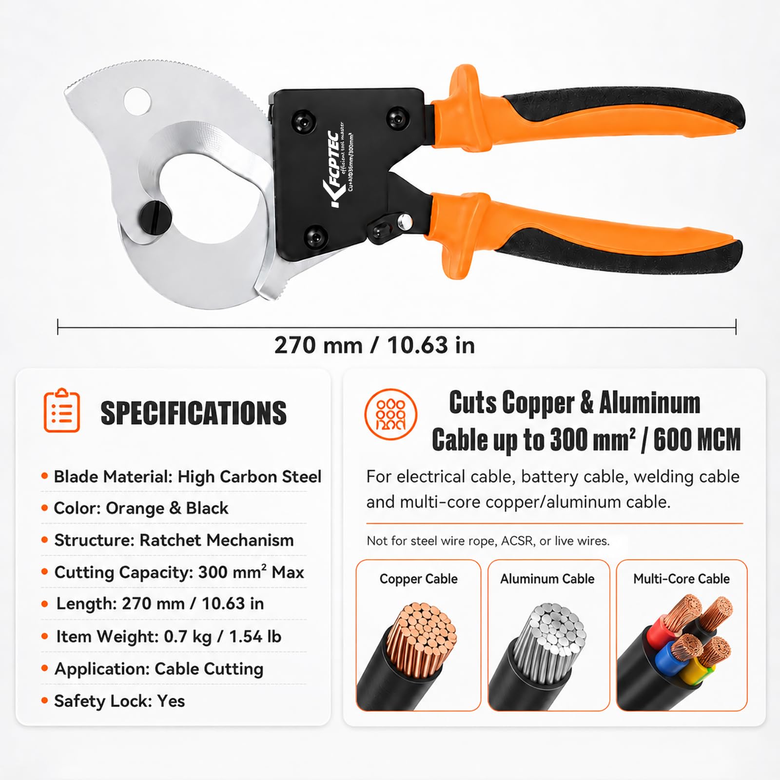 KF CPTEC Coupe-câbles à cliquet pour câbles en aluminium et cuivre – Ciseaux à fils pour câbles multibrins – Coupe jusqu’à 300 mm²