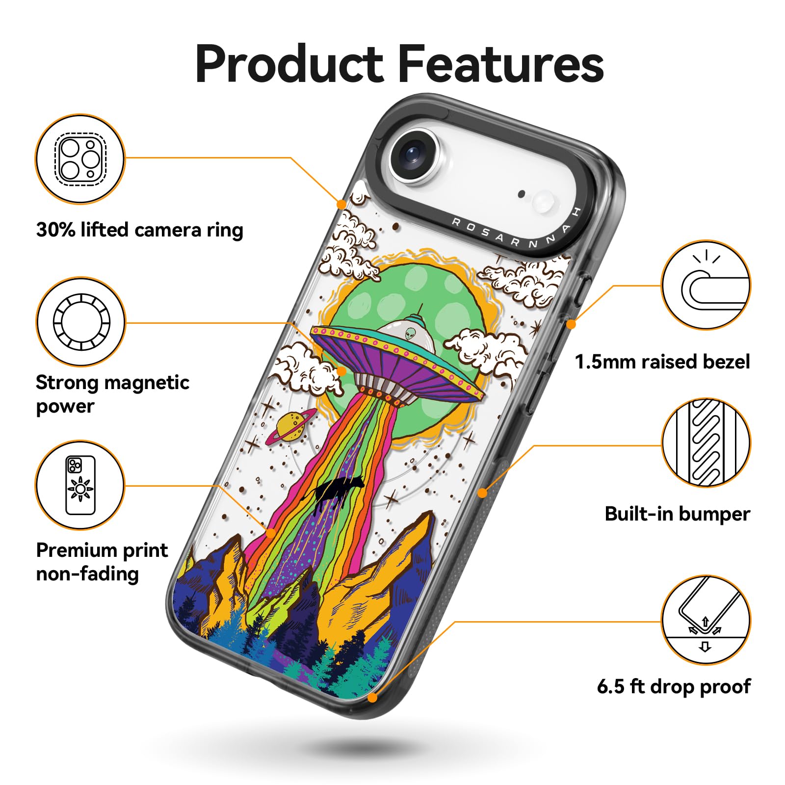 Rosarnnah Bonita funda para iPhone Air, compatible con Magsafe, duradera, a prueba de golpes, caída de 6.5 pies, divertido diseño OVNI para iPhone 17 Air (6.5 pulgadas), color negro