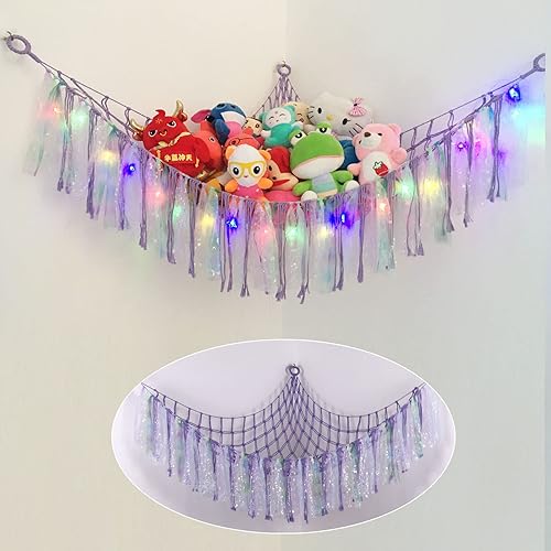 Stuffed Animal Net or Hammock with LED Light Toy Hammock Hanging Stuffed Animal Storage Organizer Holder Boho Decor for Nursery Playroom Bedroom
