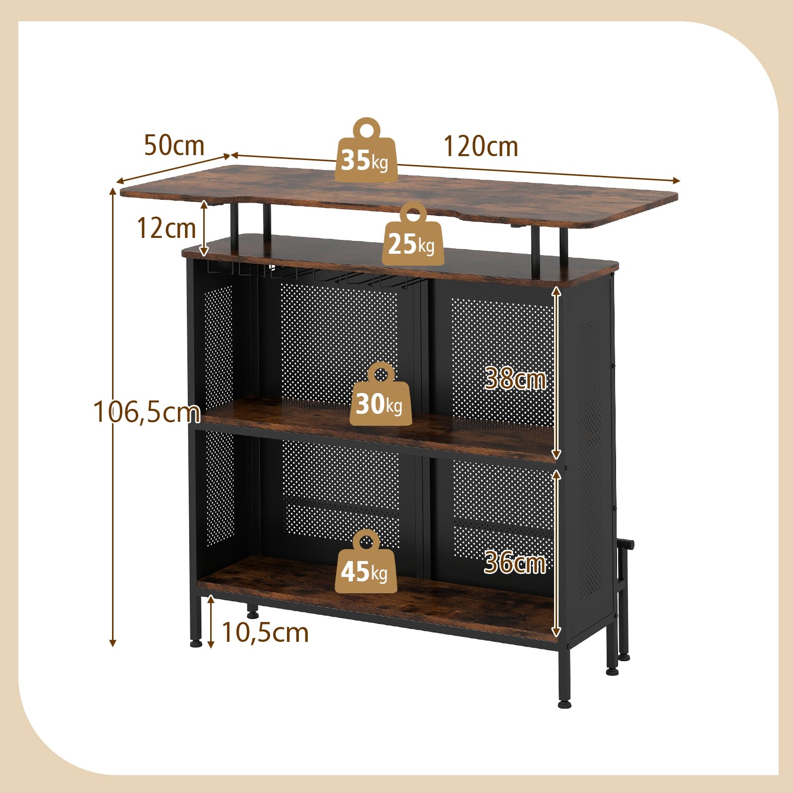 COSTWAY Mesa de Bar, Armario de Metal con 2 Estantes para Vino y 6 Soportes para Copas, Reposapiés y 7 Patas Ajustables, Mesa de Bar de Metal para Cocina Pub,120x50x106,5 cm (Rectangular Marrón)