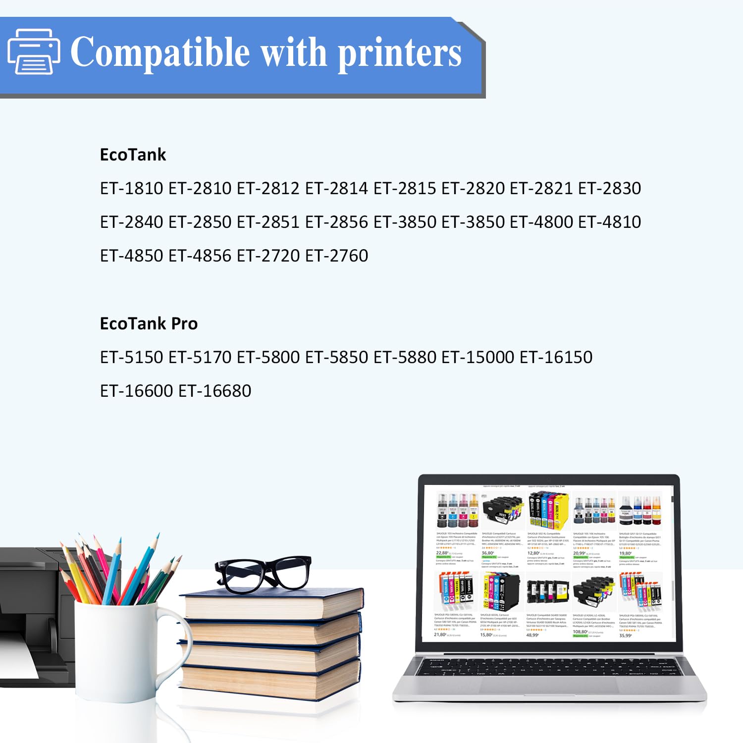 Sublimation 102 104 encre compatible avec Epson ET-2400 ET-2720 ET-2760 ET-2800 ET-2803 ET-2815 ET-2820 ET-2830 ET-2840 Imprimantes à jet d'encre pour tasse, gobelet, T-shirts Transfert de chaleur(5P)