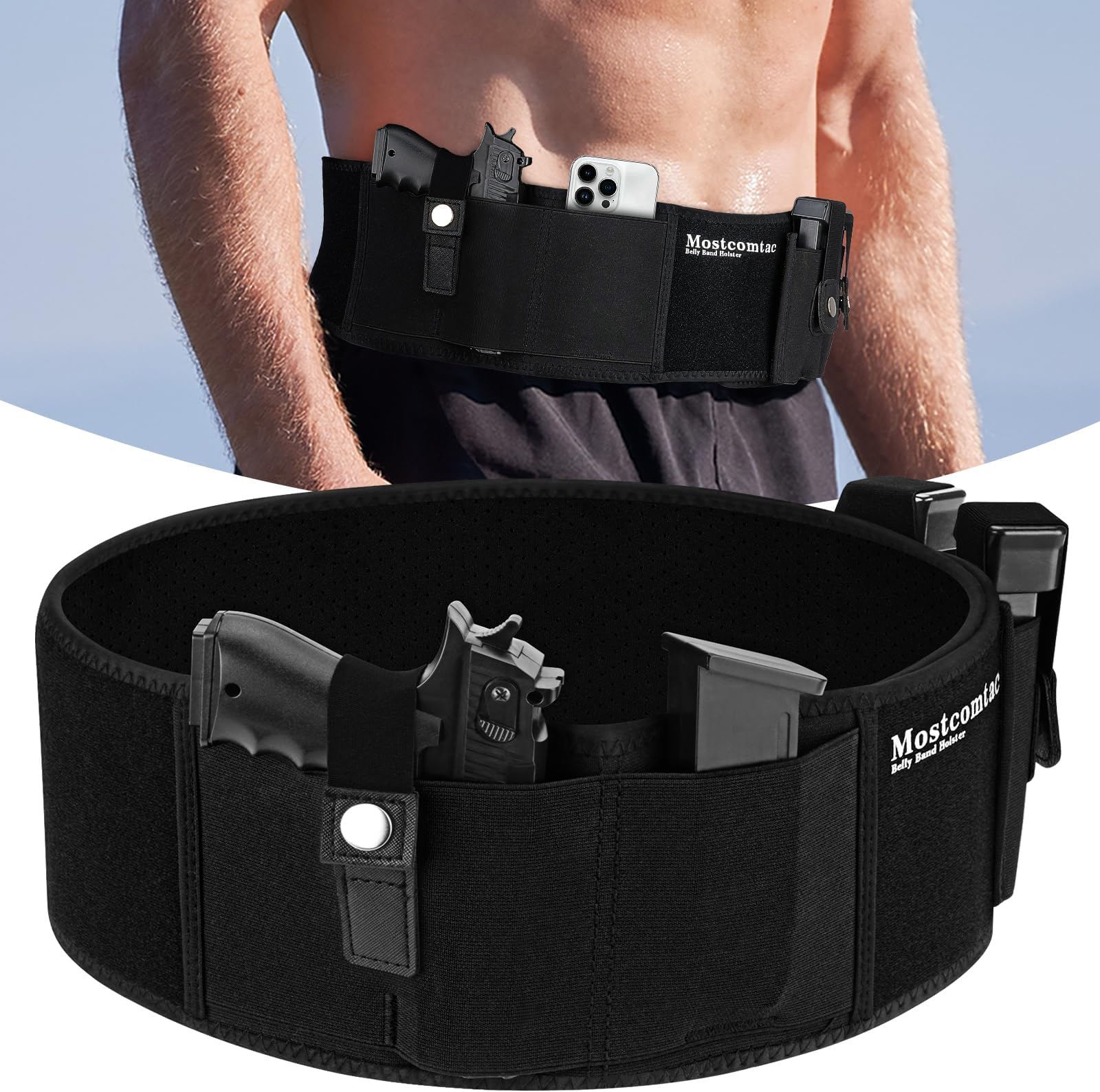 Mostcomtac Belly Band Holster for Men & Women - Breathable Neoprene Gun Holster, Multi - Pocket Tactical Belt for Outdoors, Fits Glock 19, 17, 43, 43x, Taurus G3C, G2C and Most 9mm and 380 Handguns