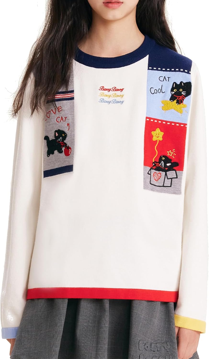Girls Long Sleeve Cat Graphic Color Block Crew Neck Pullover Sweater for 6-16 Years