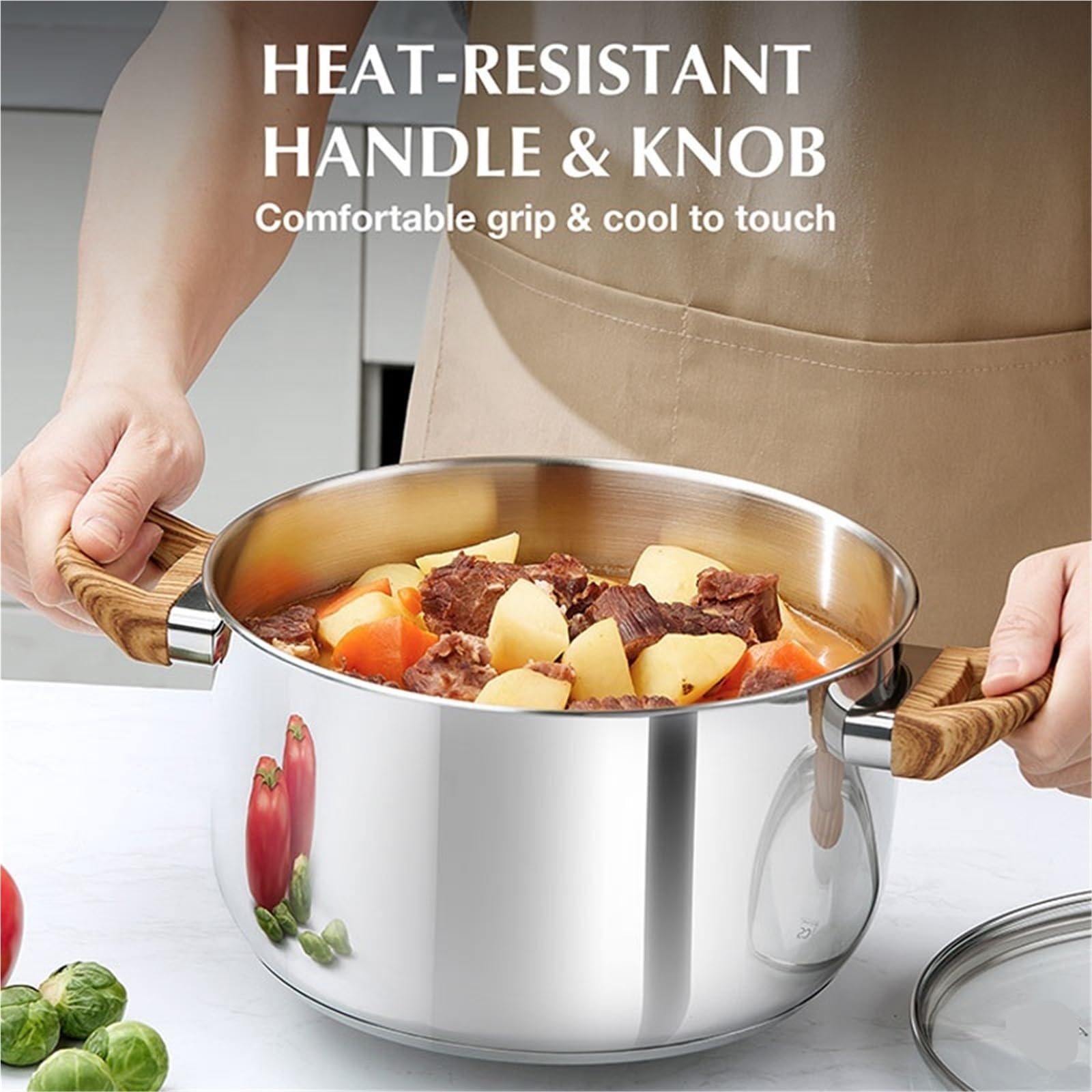 Ollas Acero Inoxidable Olla sopera de acero inoxidable 4/6 cuartos con tapa antiadherente for caldo, guisos y espaguetis. Apta for todo tipo cocinas(4L White)