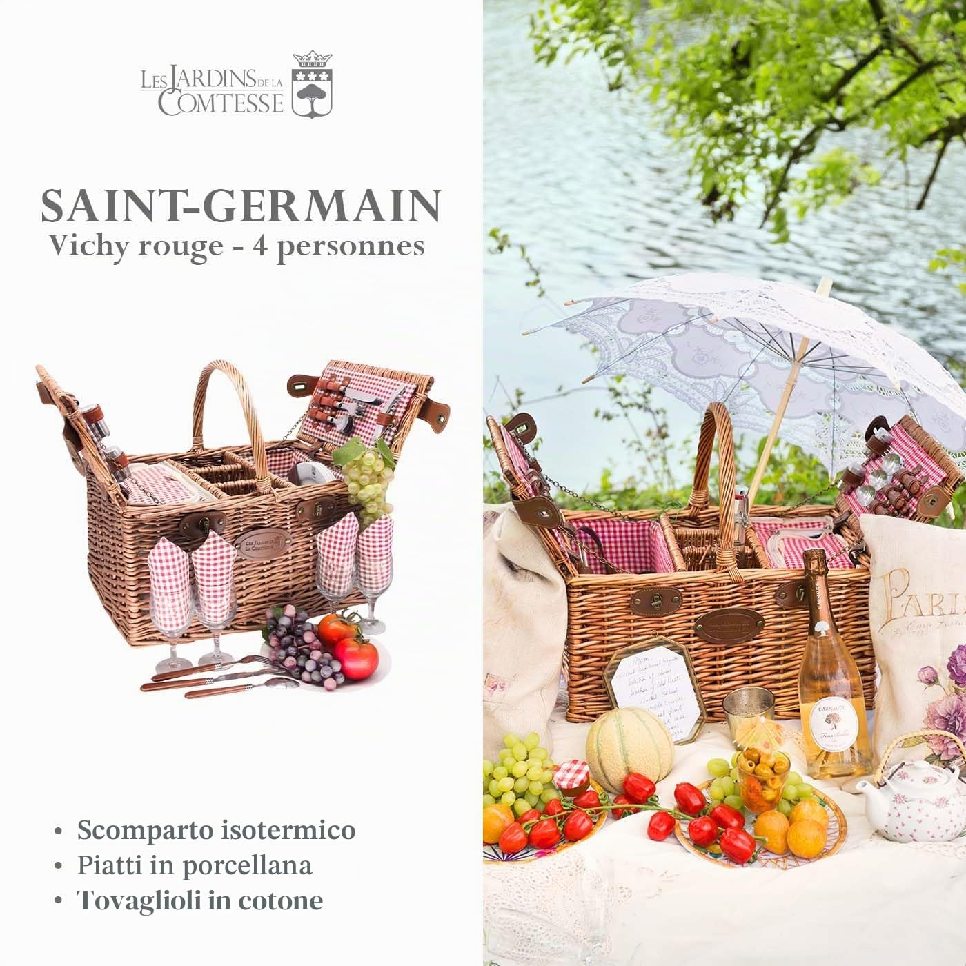 Cestino da picnic Saint-Germain a quadretti rossi in salice scuro - Cestino con scomparto per una bottiglia - per 4 persone - Les Jardins de la Comtesse