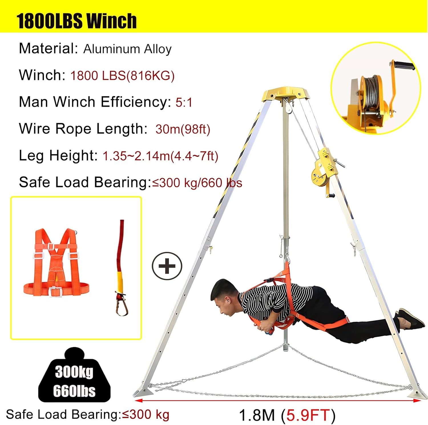 Adjustable Confined Space Rescue Kit Telescopic Confined Space Rescue Tripod with 1200 1800winch- Aluminum Alloy Rescue Tripod for Sewage Tunnels -Heavy Duty Fire Rescue Tripod with Safty Ha