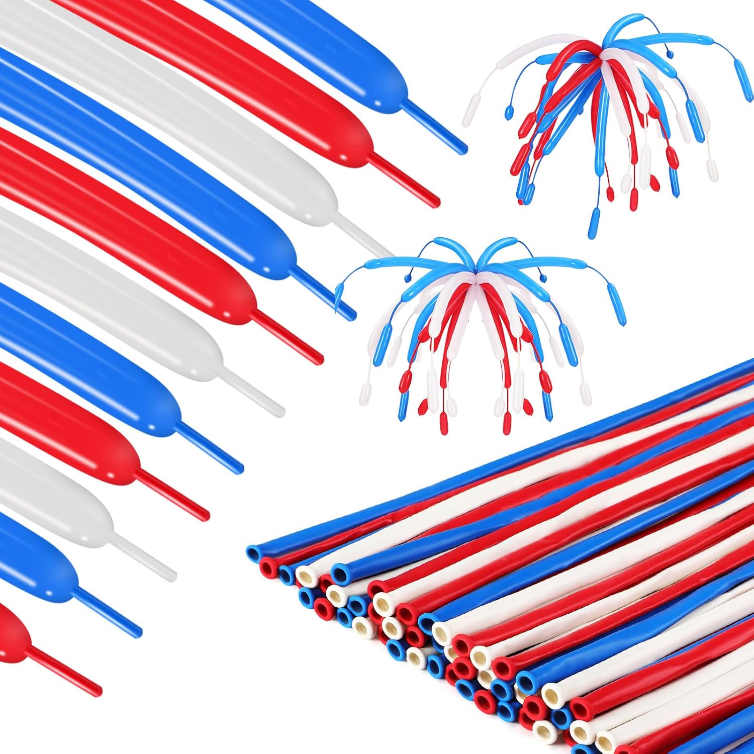 Soulchen 120 Red White and Blue Patriotic Firework Long Balloons American Flag Balloons for 4th of July Decorations Independence Day Party Arch Garland Parade