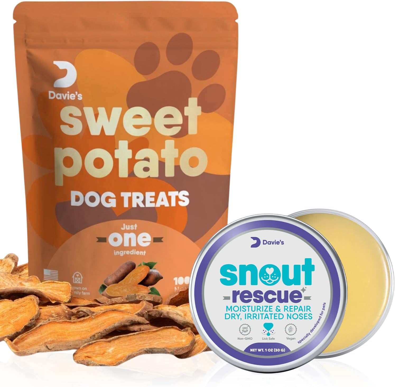 Davie's Sweet Potato Dog Treats and Snout Rescue Dog Nose Balm for Dry Nose Bundle