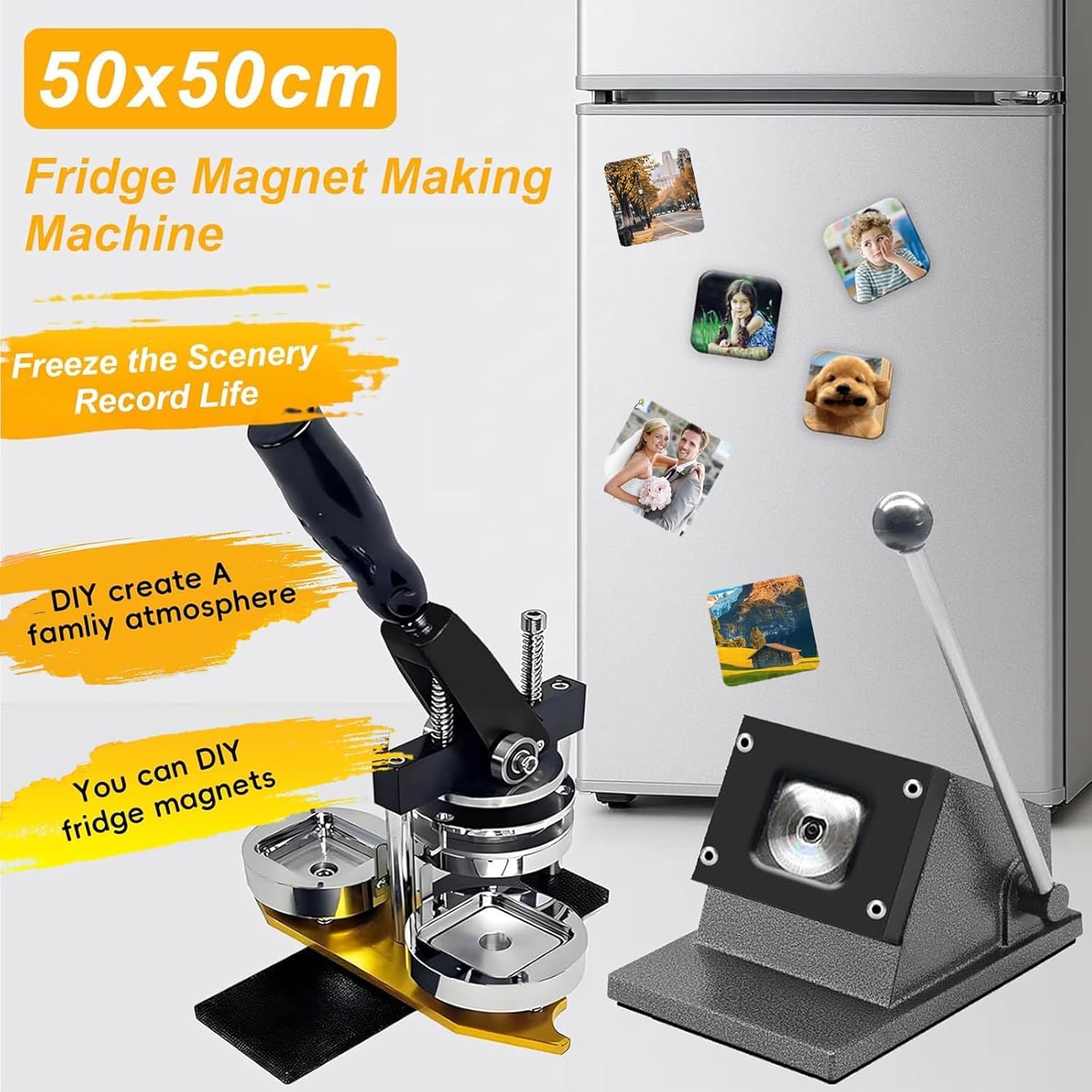 DIY Abzeichenmaschine & Magnet-Set, 2x2 Zoll Foto-Magnetpresse mit Papierschneider und 100 Teilen. Komplettes Bastelset für personalisierte Geschenke, Souvenirs und Heimwerkerprojekte