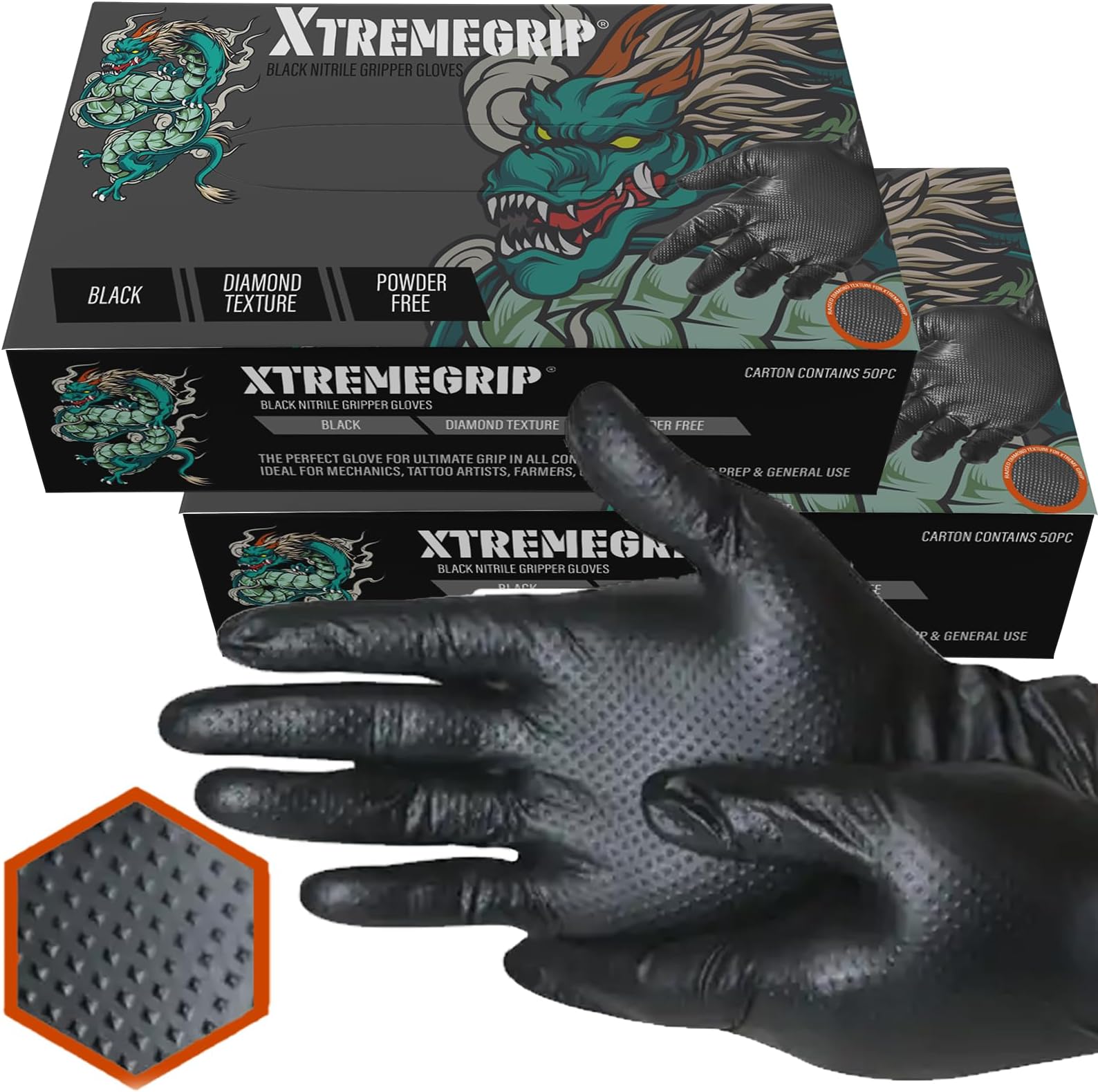 Xtremeauto Black Nitrile Gloves - Diamond Grip, Extra Thick & Strong for Mechanics - Disposable, Powder-free & Latex Free (2 Boxes, Large)