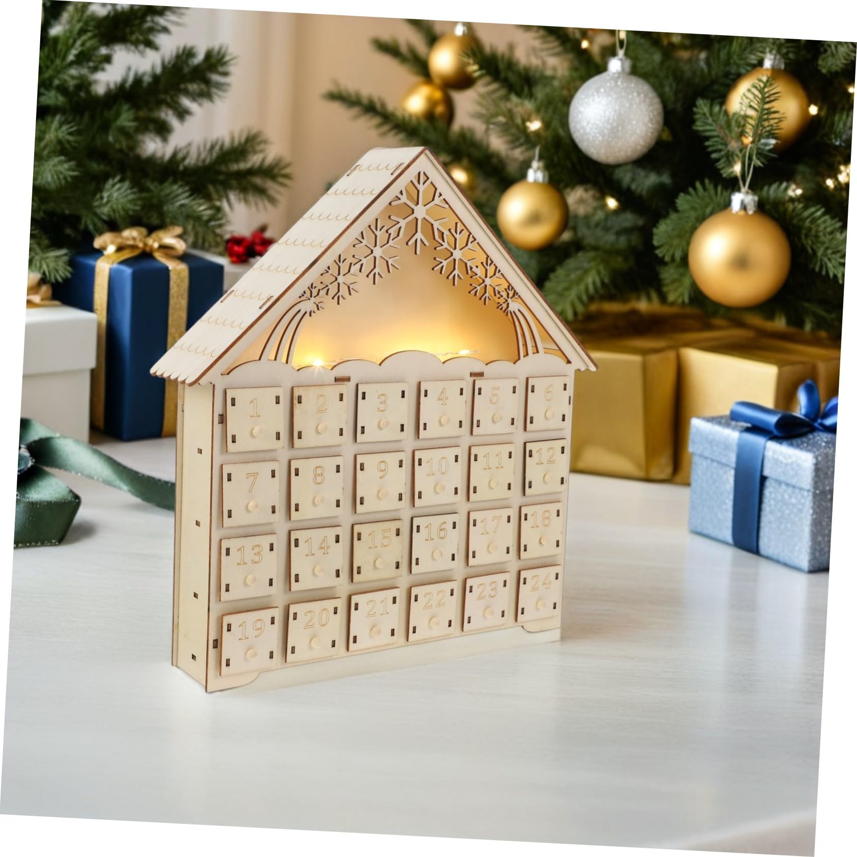 Ciieeo Calendario Avvento di Natale in Legno con Conto alla Rovescia per Feste Casa Avvento Illuminata LED Decorazione Natalizia Ricaricabile Stile Casuale