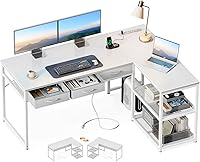 AODK 53 Inch White L-Shaped Corner Desk with Drawers, Power Outlets & Reversible Shelves for Home Office Gaming