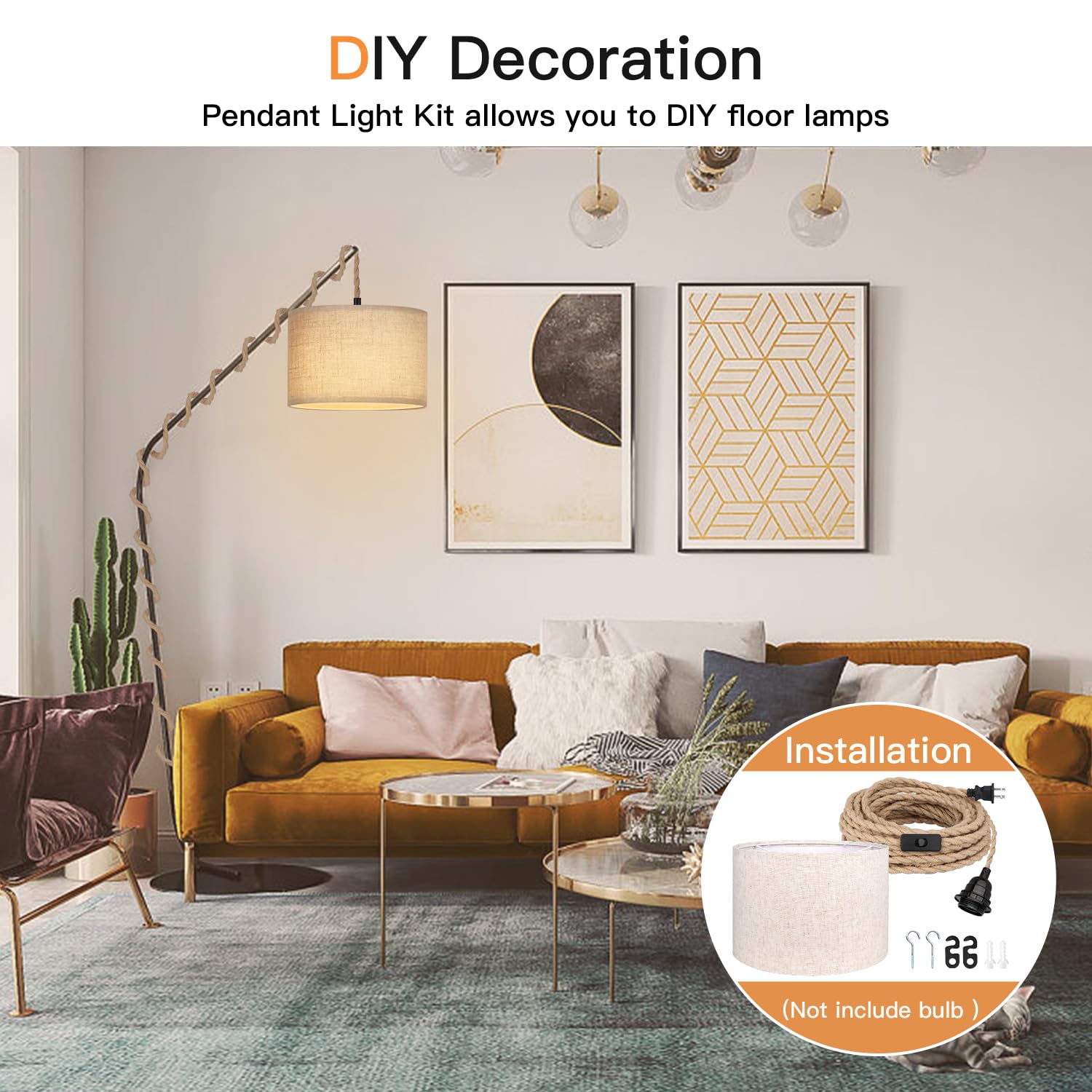 Lámpara colgante enchufable de 16.5 pies, lámpara colgante con pantalla de enchufe, interruptor de cuerda de cáñamo, pantalla de tela de lino beige para comedor, cocina, sala de estar 8
