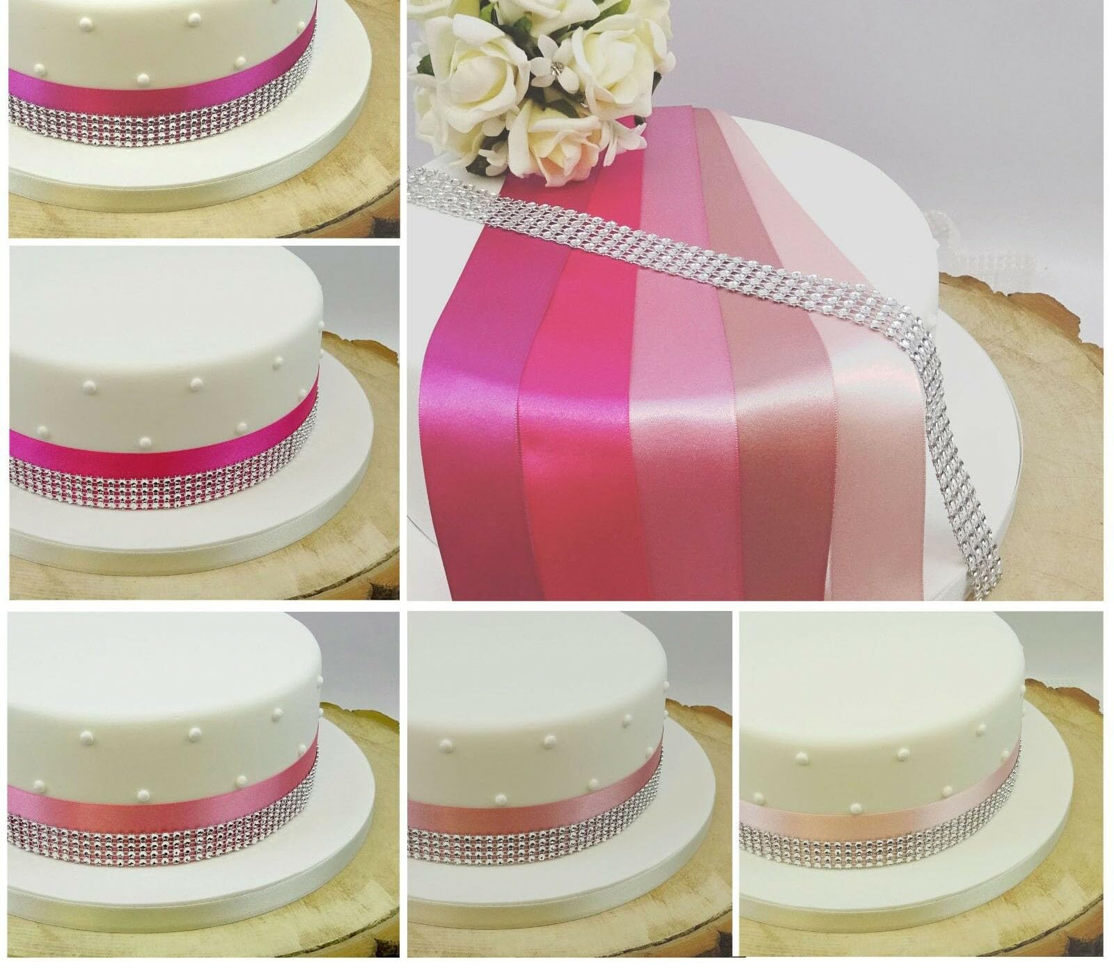 The Cake Emporium Ltd Candy Pnk 1 Metre Satin Ribbon 35Mm & 4 Row Diamante Effect Trim Cake Decoration Birthday Wedding Cake Topper Pinks (Candy Pnk)