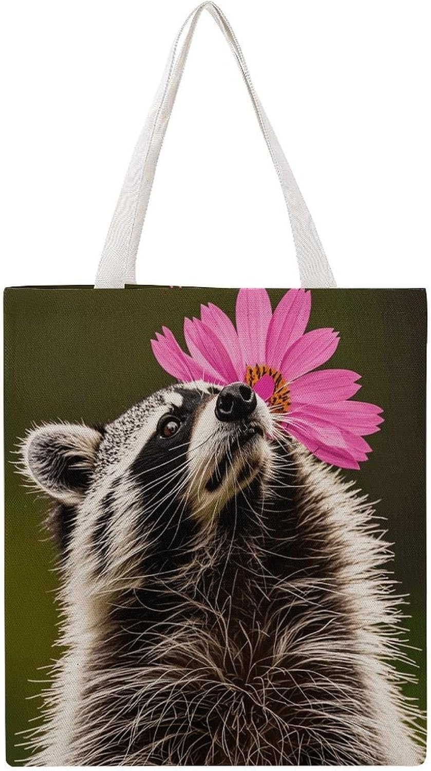 Rose Flower Raccoon Canvas Tote Bag Reusable Grocery Bags Foldable Soft Cotton Shoulder Carry Bag