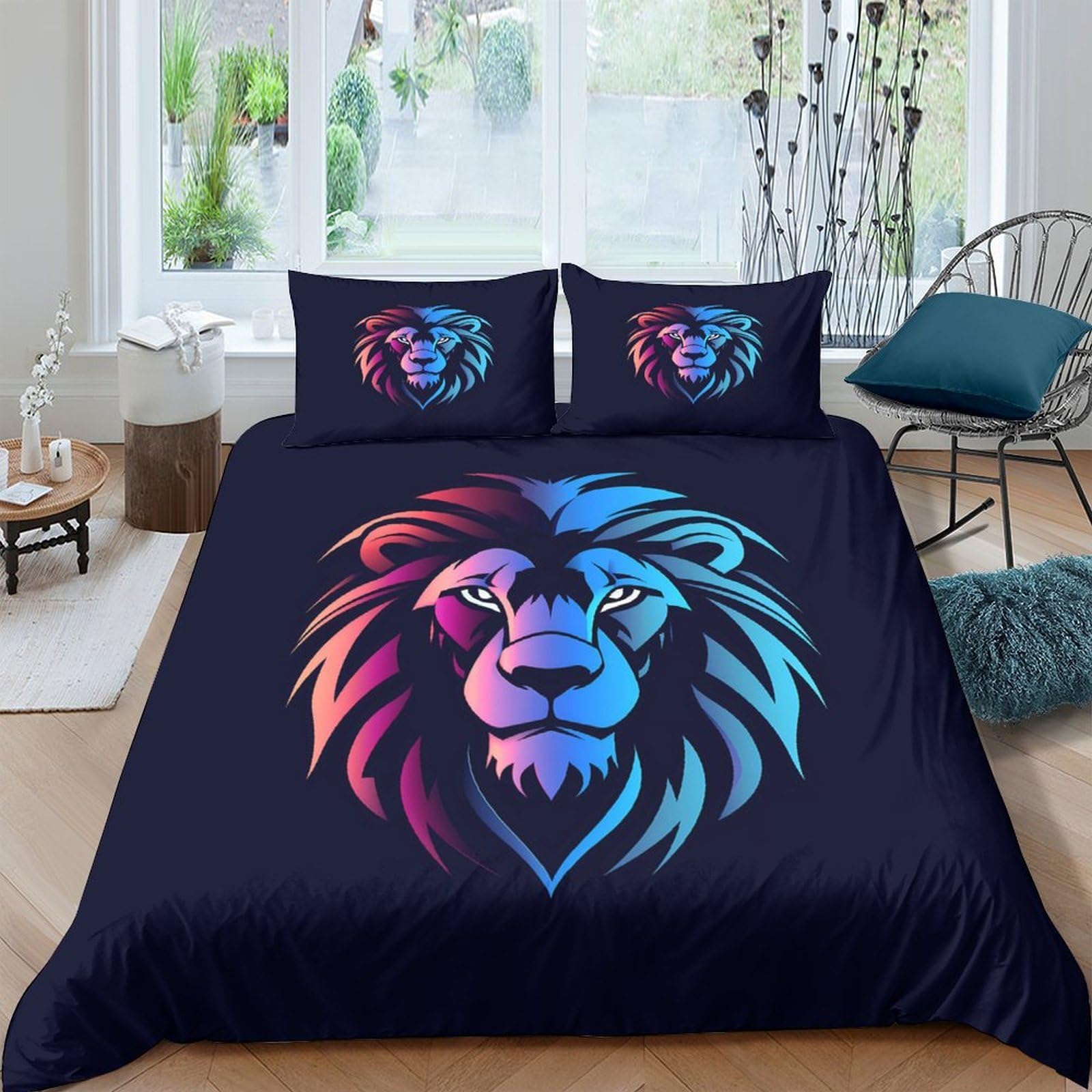 Ctjqhvkz Style-1 3D Printed Neon Lion Fitted Sheet Microfiber Navy Blue Mattress Cover For Bedroom Guest Room Dorm Soft Washable Decor Single（135X200cm）