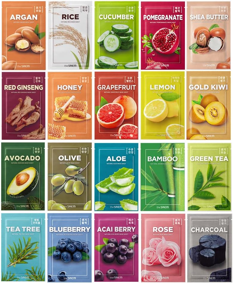 THESAEM Natural Sheet Mask Pack Set 20 Sheets - Korean Face Mask Variety Pack - Moisturizing, Revitalizing, Soothing, Elasticity - Vegan Sheet Essence Masks for All Skin Types