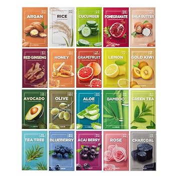 THESAEM Natural Sheet Mask Pack Set 20 Sheets - Korean Face Mask Variety Pack - Moisturizing, Revitalizing, Soothing, Elasticity - Vegan Sheet Essence Masks for All Skin Types