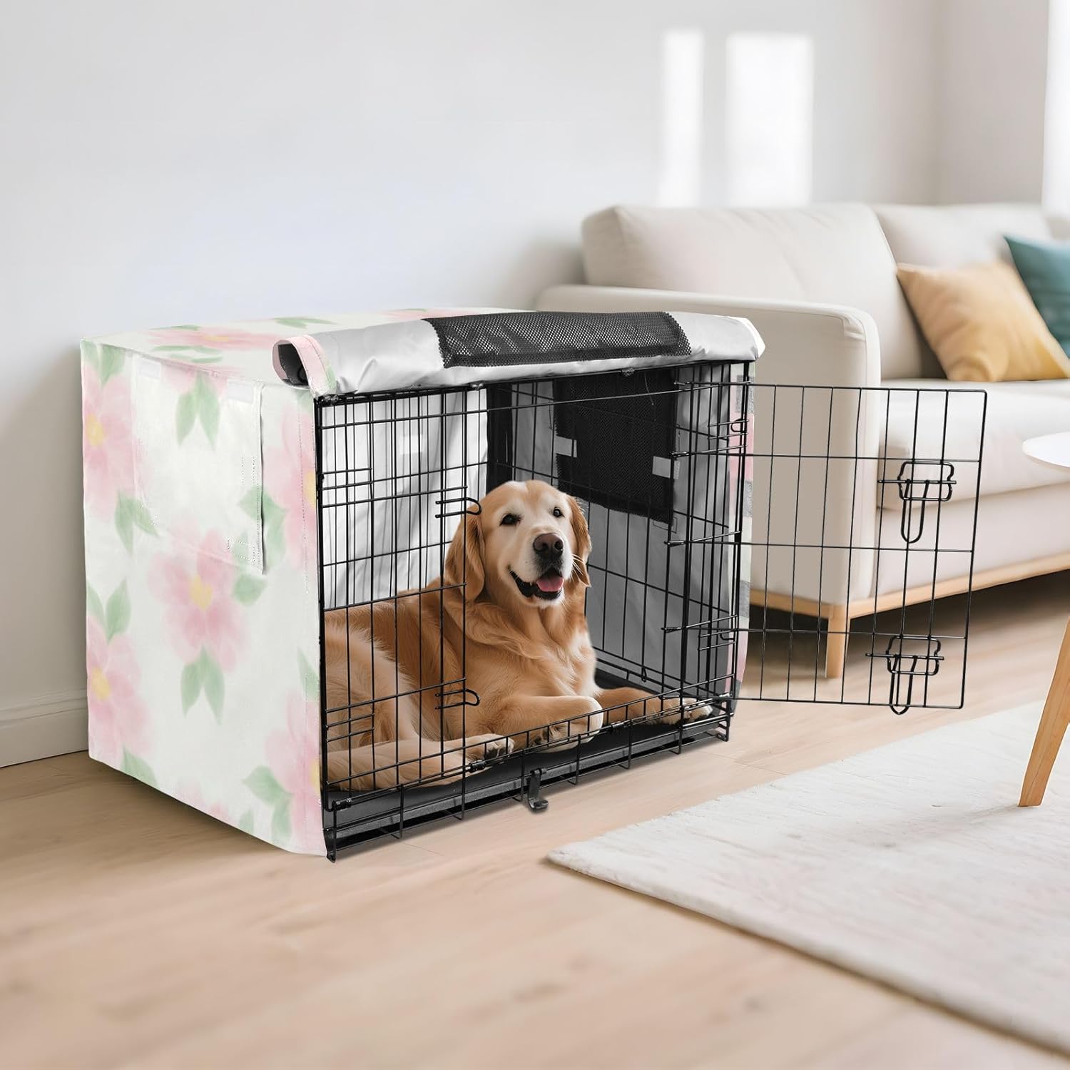 Duty 600D Silver Coated Dog Crate Cover, Water-Resistant Floral Print Pet Kennel Canopy with Mesh Windows for Optimal Ventilation, Universal Fit for Standard Wire Cage, Indoor & Travel