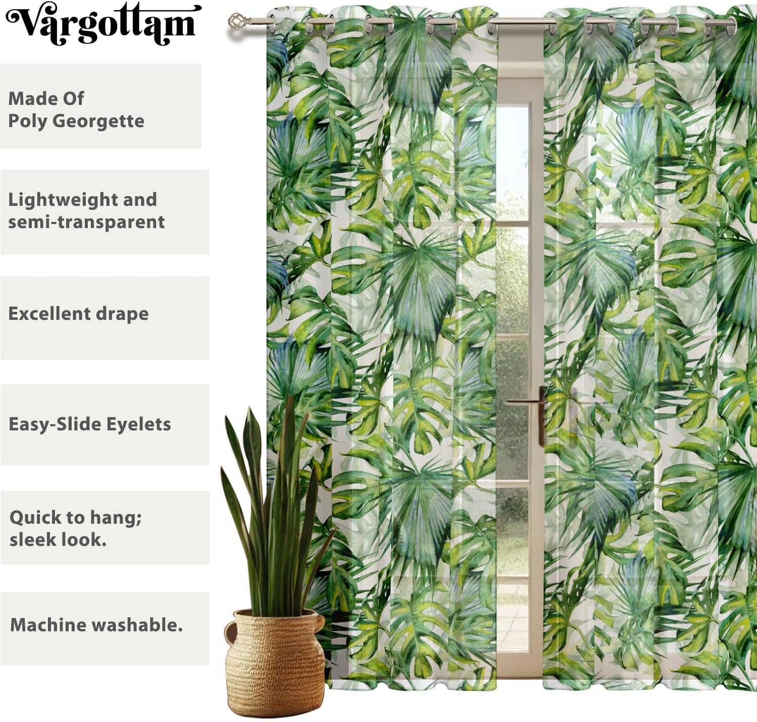 Green Tropical Leaves Print Sheer Curtains for Short Windows - Set of 2 Panels, 63", Grommet Top, Printed Georgette, Light Filtering Drapes for Kitchen or Bedroom