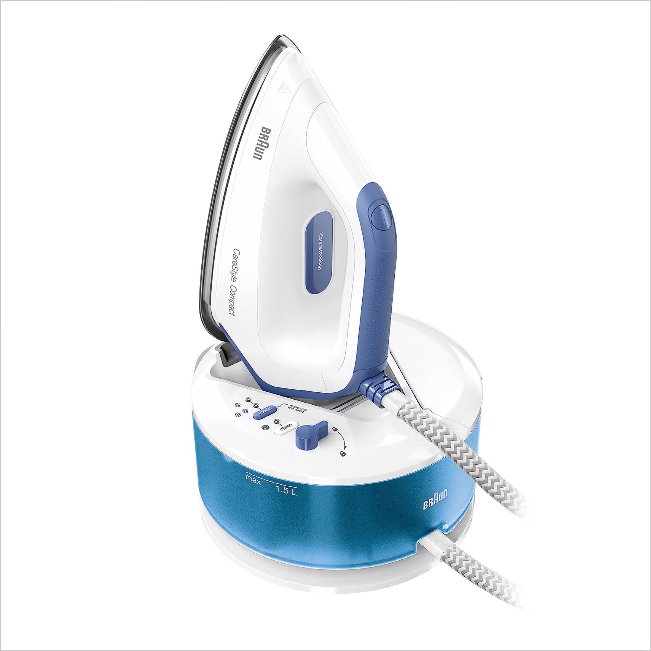 Braun IS2143BL CareStyle Compact Ferro da Stiro con Caldaia, 5 ANNI DI ASSISTENZA, Piastra EloxalPlus, Facile decalcificazione, Colpo Vapore 420g/min, Serbatoio 1.5L, Risparmio energetico, Bianco/Blu