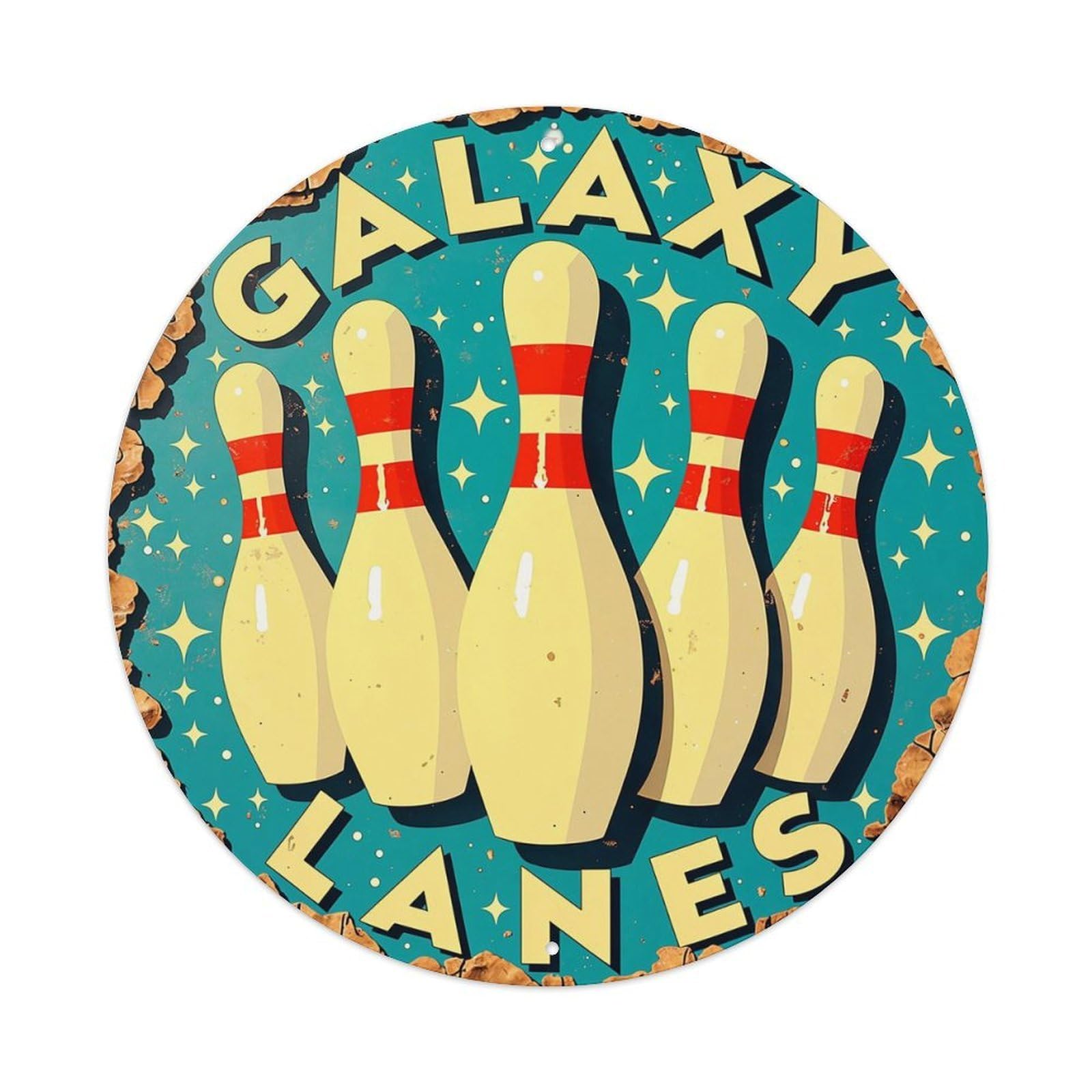 Jdyaojiesheng Vintage Galaxy Lanes Bowling Pins Stars Round Tin Sign Retro Metal Wall Decor Metal Poster, Home Bar Garage Farmhouse Cafe Wall Art Decoration 8X8inch