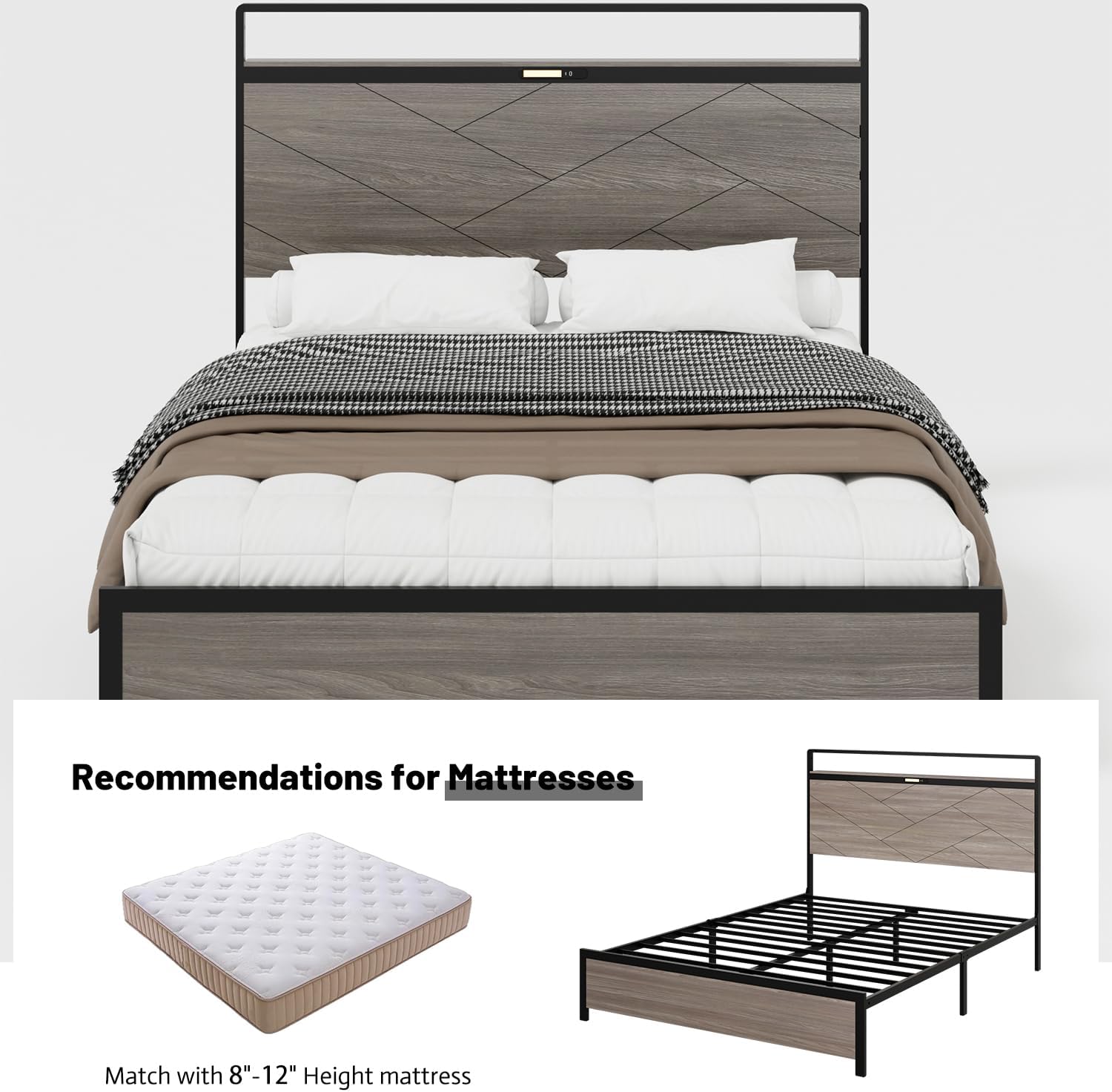 Queen Size Bed Frame with Storage Headboard , Metal Platform Bed with LED light and 2 USB, Sturdy Metal Slat Support, Large Underbed Storage, No Box pring Needed, Easy Assemble (Antique Grey, Queen)