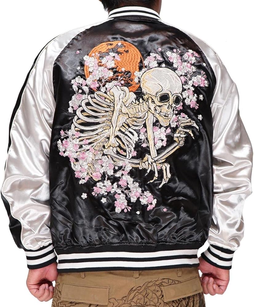 朧（OBORO） 希少 豪華絢爛 総刺繍 ブラックスカジャン 希少/美品】朧(OBORO)狼刺繍別珍スカジャン/和柄/華鳥風月/黒/XXL