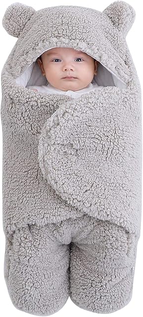 Newborn Baby Swaddle Blanket Wrap Winter Infant Soft Plush Warm Hooded Wrap Sleeping Bag for Infants 3-6 Months Old Baby Girls Boys